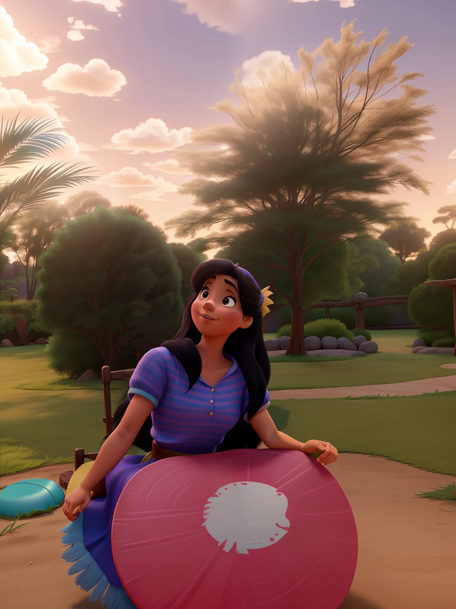 Cartoon girl sitting on the floor with a frisbee in her hand, in style of disney animation, disney 2d animation still, disney render, Arte no estilo da Disney, Disney fotorrealista, animation movie still, nice afternoon lighting, animated film, personagem disney, goodlooking, classic disney mood, Princesa Jasmine, pocahontas 'Raya and the Last Dragon' etc, animation movie still