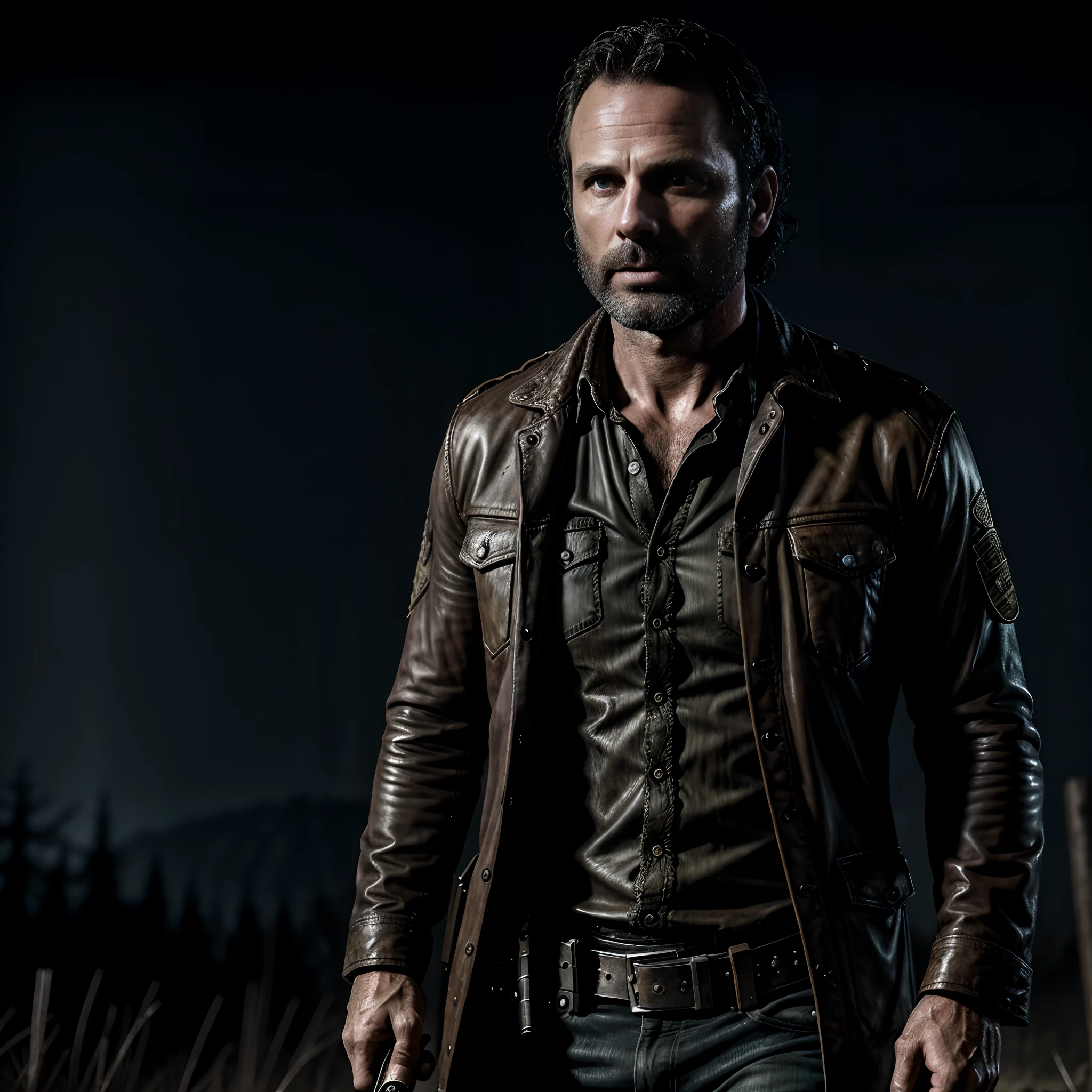 Amazingly Sheriff, 36 year old man, Rick Grimes, dark arts, The Walking Dead, full-length portrait, sharp lens, professional photography, 70mm, Color, highly detailed, 8k, soft light, detailed matte painting, deep colors , intricate details, splash screen fantasy concept art, trending in Artstation Unreal Engine 5