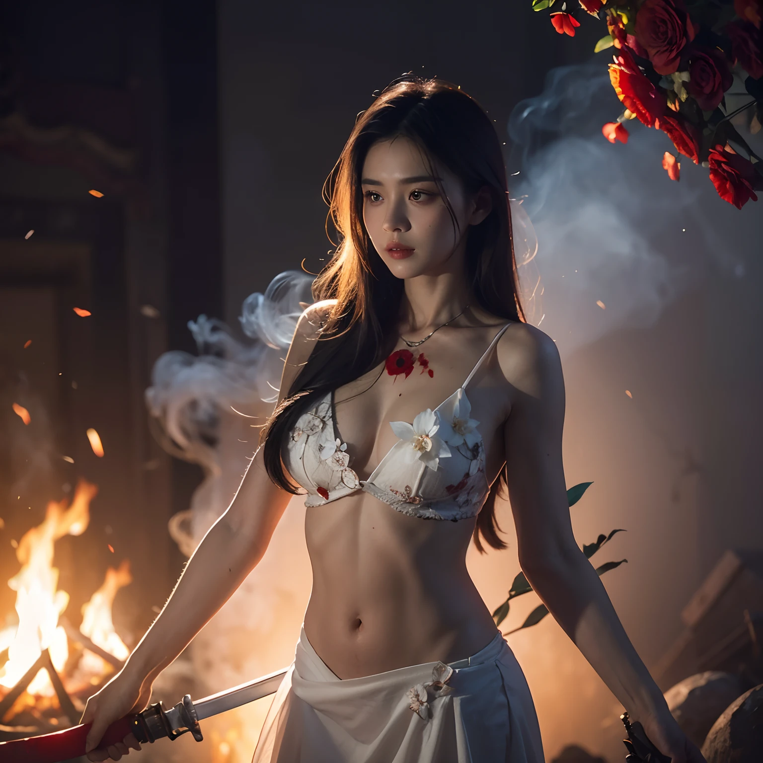 White sword in right hand. Focus on the right hand. Bloody flowers blooming in the chest. Smoke, blood and fire in the background. Character walka on fire "