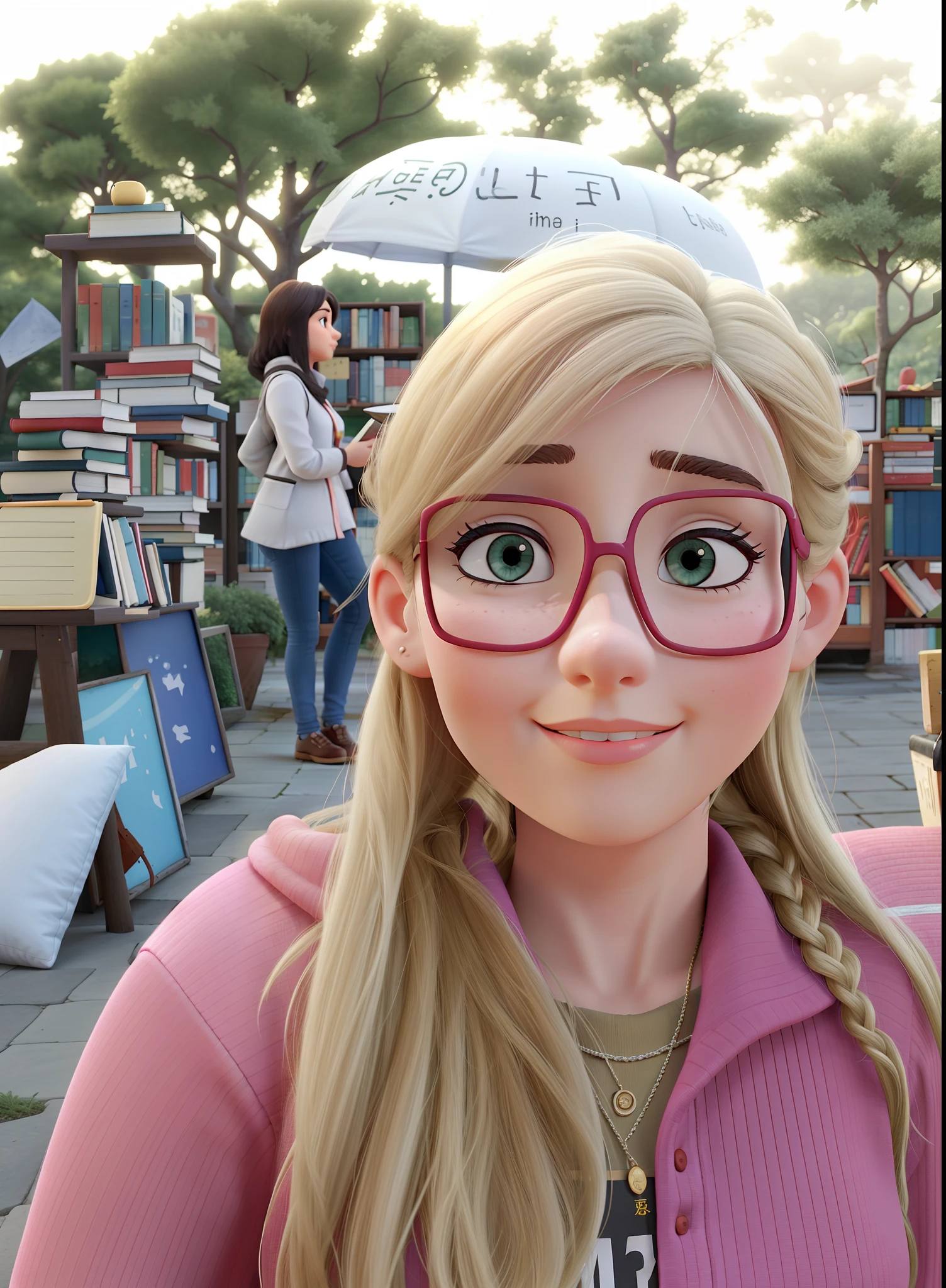 A woman in a square surrounded by books and trees