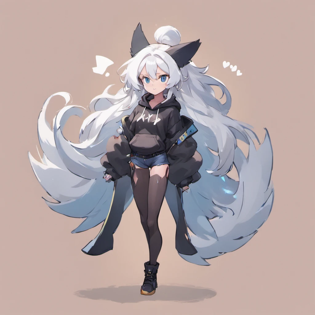 male, has Long white hair, has wolf ears, has wolf tail, has blue eyes, wearing denim short shorts, thigh high fishnets, black combat boots, wearing cropped black hoodie, flat chest, super flat chest, solo femboy, only one femboy ((FLAT CHEST)) (ALONE)(SOLO) Alone, solo, wide hips, thicc thighs, male, is male