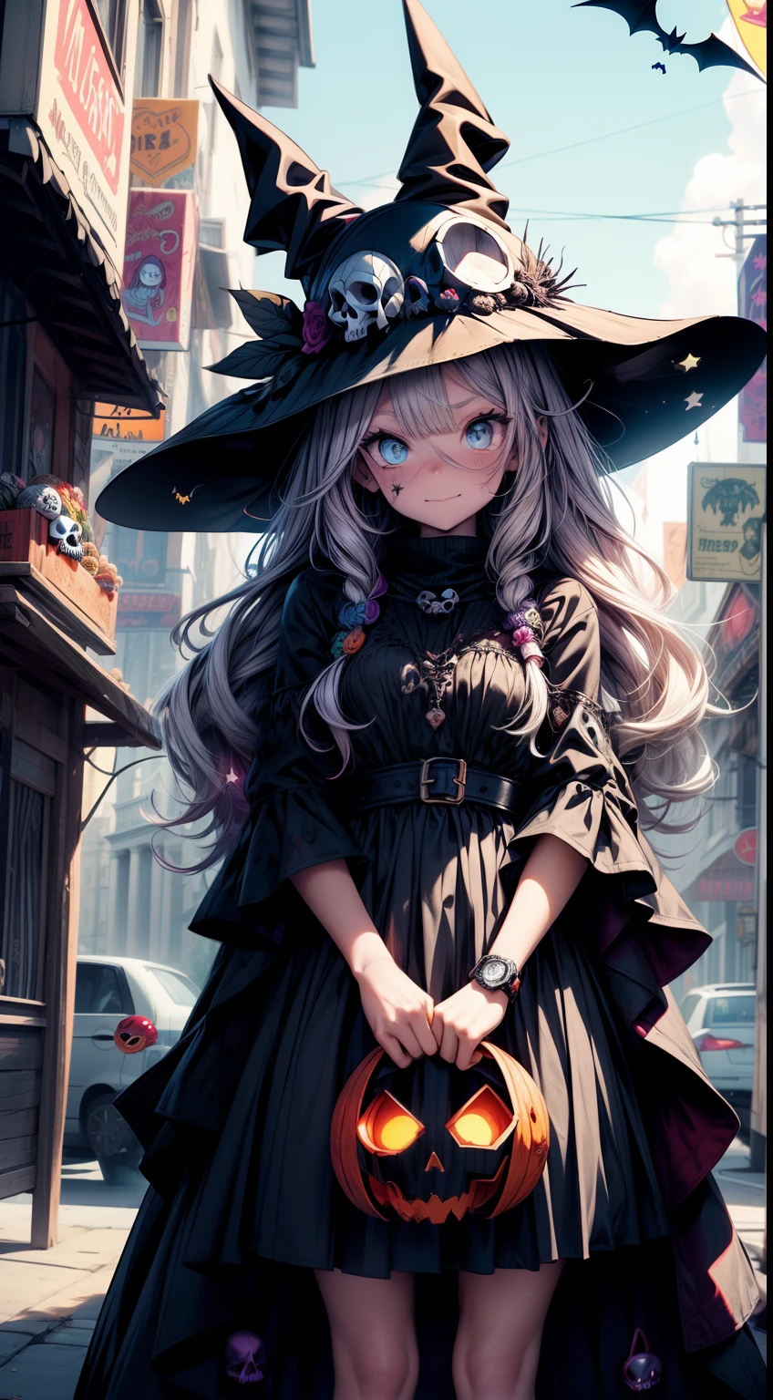 (Best quality,A high resolution,Masterpiece:1.2),Ultra-detailed,Creative Halloween, Cartoon style,Colorful,Playful,Spooky characters, Vibrant background,( Jack-o-lantern helmet:1.4)，Witch hat，Whimsical pumpkins, an enchanted forest, Magical atmosphere, haunted house, eerie moonlight, If you don't add sugar, You don't trick or treat sugar, Happy and mischievous souls,(Costumes with skull motifs:1.4),spiderwebs,Corn candy, jack-o-lanterns, No candy is given、Those who don't give candy don't give candy, As well as those who trick or treat without giving candy, Mystic Potion,Magical cats, full moon, Mysterious Shadows, glowing lanterns, Eerie laughter, Cheerful skeletons, magic incantation, Clumsy monsters, Mini Monsters, Friendly ghouls, Spooky bats, A cauldron full of sweets, Halloween night full of laughter,The never-ending excitement,Creative décor,Playful pranks,Happy Halloween