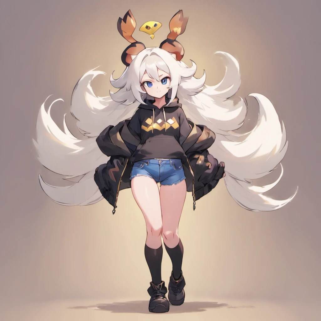 male, has Long white hair, has wolf ears, has wolf tail, has blue eyes, wearing denim short shorts, thigh high fishnets, black combat boots, wearing cropped black hoodie, flat chest, super flat chest, solo femboy, only one femboy ((FLAT CHEST)) (ALONE)(SOLO) Alone, solo, wide hips, thicc thighs, male, is male