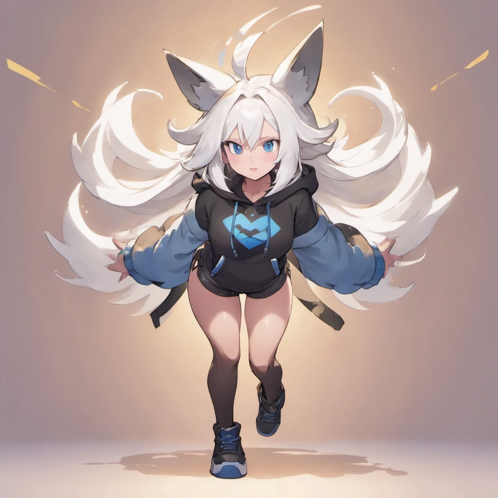 male, has Long white hair, has wolf ears, has wolf tail, has blue eyes, wearing denim short shorts, thigh high fishnets, black combat boots, wearing cropped black hoodie, flat chest, super flat chest, solo femboy, only one femboy ((FLAT CHEST)) (ALONE)(SOLO) Alone, solo, wide hips, thicc thighs, male, is male