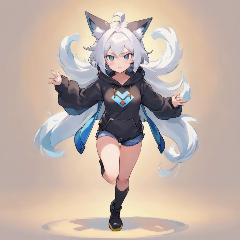 male, has Long white hair, has wolf ears, has wolf tail, has blue eyes, wearing denim short shorts, thigh high fishnets, black combat boots, wearing cropped black hoodie, flat chest, super flat chest, solo femboy, only one femboy ((FLAT CHEST)) (ALONE)(SOLO) Alone, solo, wide hips, thicc thighs, male, is male