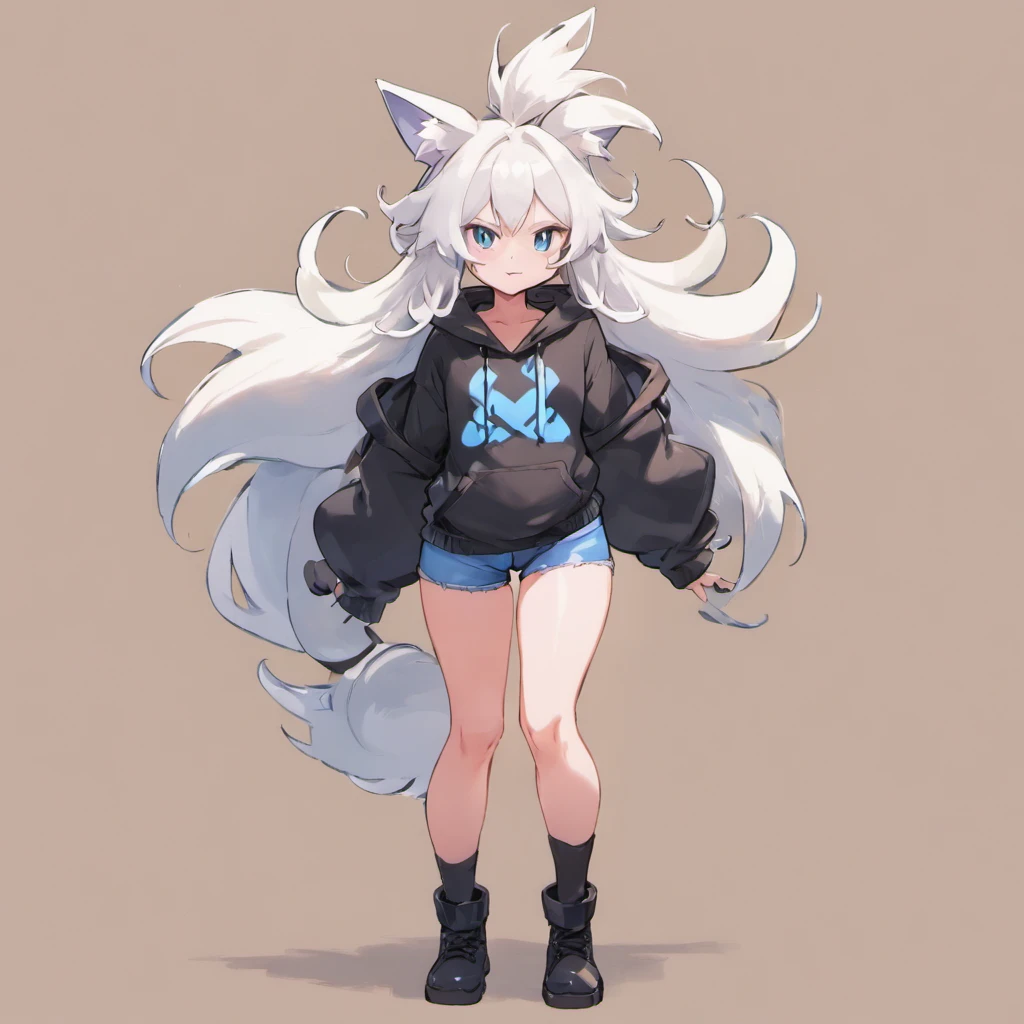 male, has Long white hair, has wolf ears, has wolf tail, has blue eyes, wearing denim short shorts, thigh high fishnets, black combat boots, wearing cropped black hoodie, flat chest, super flat chest, solo femboy, only one femboy ((FLAT CHEST)) (ALONE)(SOLO) Alone, solo, wide hips, thicc thighs, male, is male