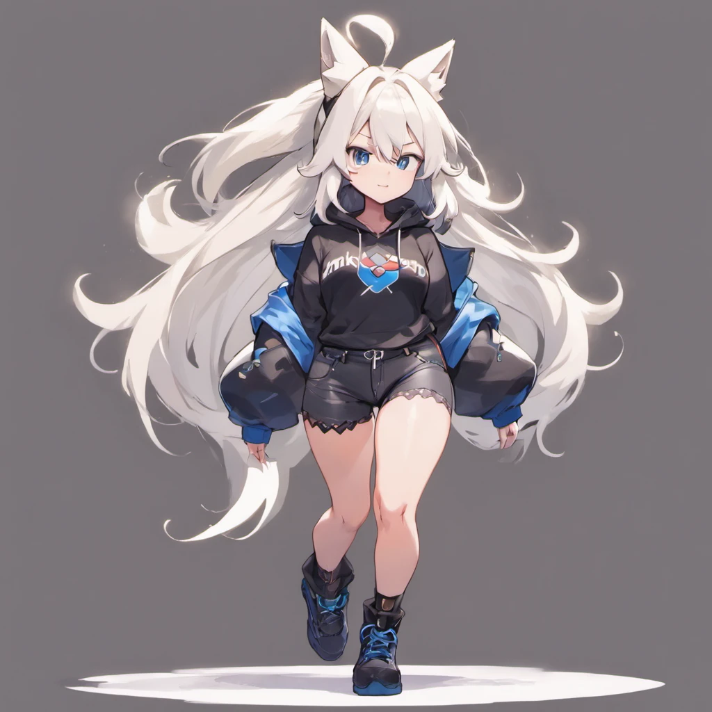 male, has Long white hair, has wolf ears, has wolf tail, has blue eyes, wearing denim short shorts, thigh high fishnets, black combat boots, wearing cropped black hoodie, flat chest, super flat chest, solo femboy, only one femboy ((FLAT CHEST)) (ALONE)(SOLO) Alone, solo, wide hips, thicc thighs, male, is male
