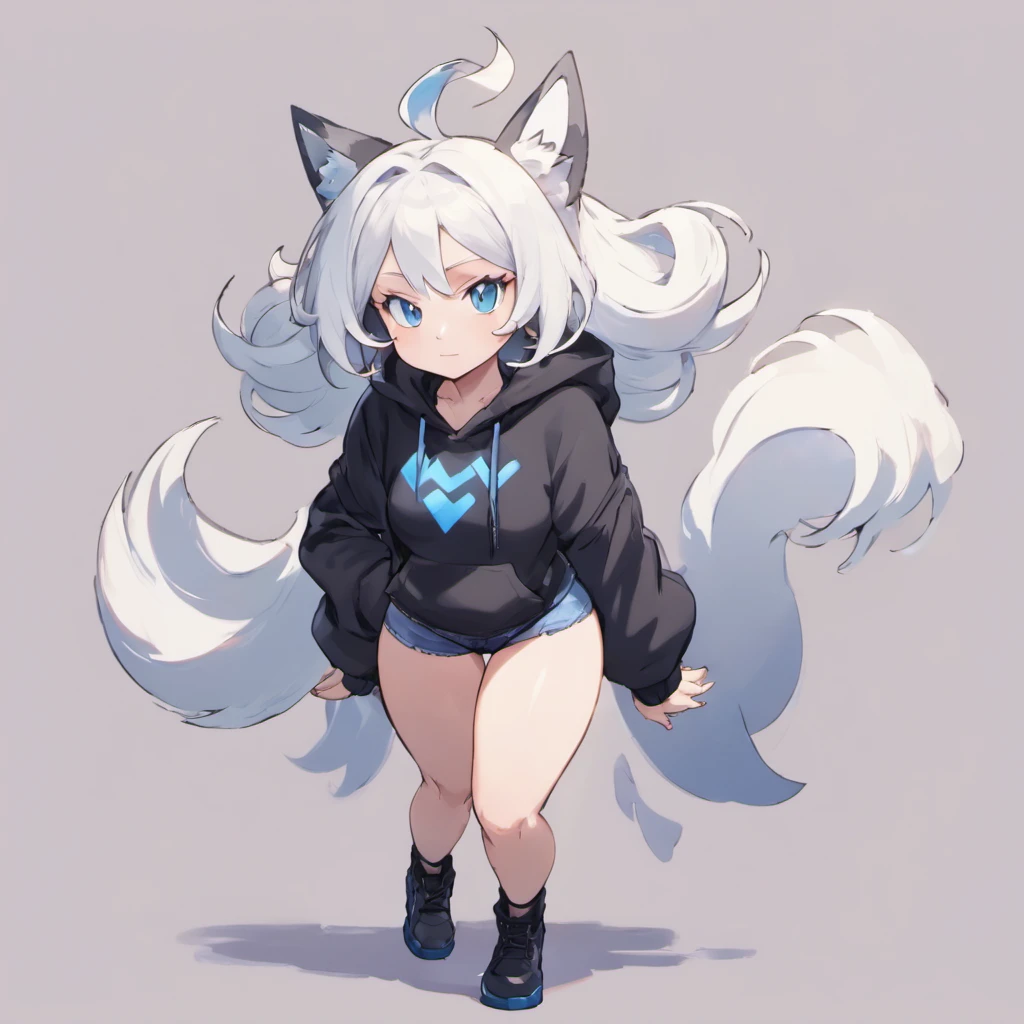 male, has Long white hair, has wolf ears, has wolf tail, has blue eyes, wearing denim short shorts, thigh high fishnets, black combat boots, wearing cropped black hoodie, flat chest, super flat chest, solo femboy, only one femboy ((FLAT CHEST)) (ALONE)(SOLO) Alone, solo, wide hips, thicc thighs, male, is male