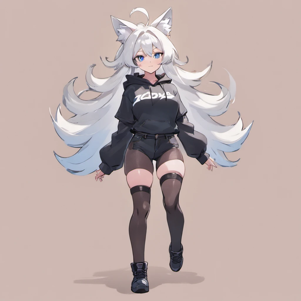male, has Long white hair, has wolf ears, has wolf tail, has blue eyes, wearing denim short shorts, thigh high fishnets, black combat boots, wearing cropped black hoodie, flat chest, super flat chest, solo femboy, only one femboy ((FLAT CHEST)) (ALONE)(SOLO) Alone, solo, wide hips, thicc thighs, male, is male