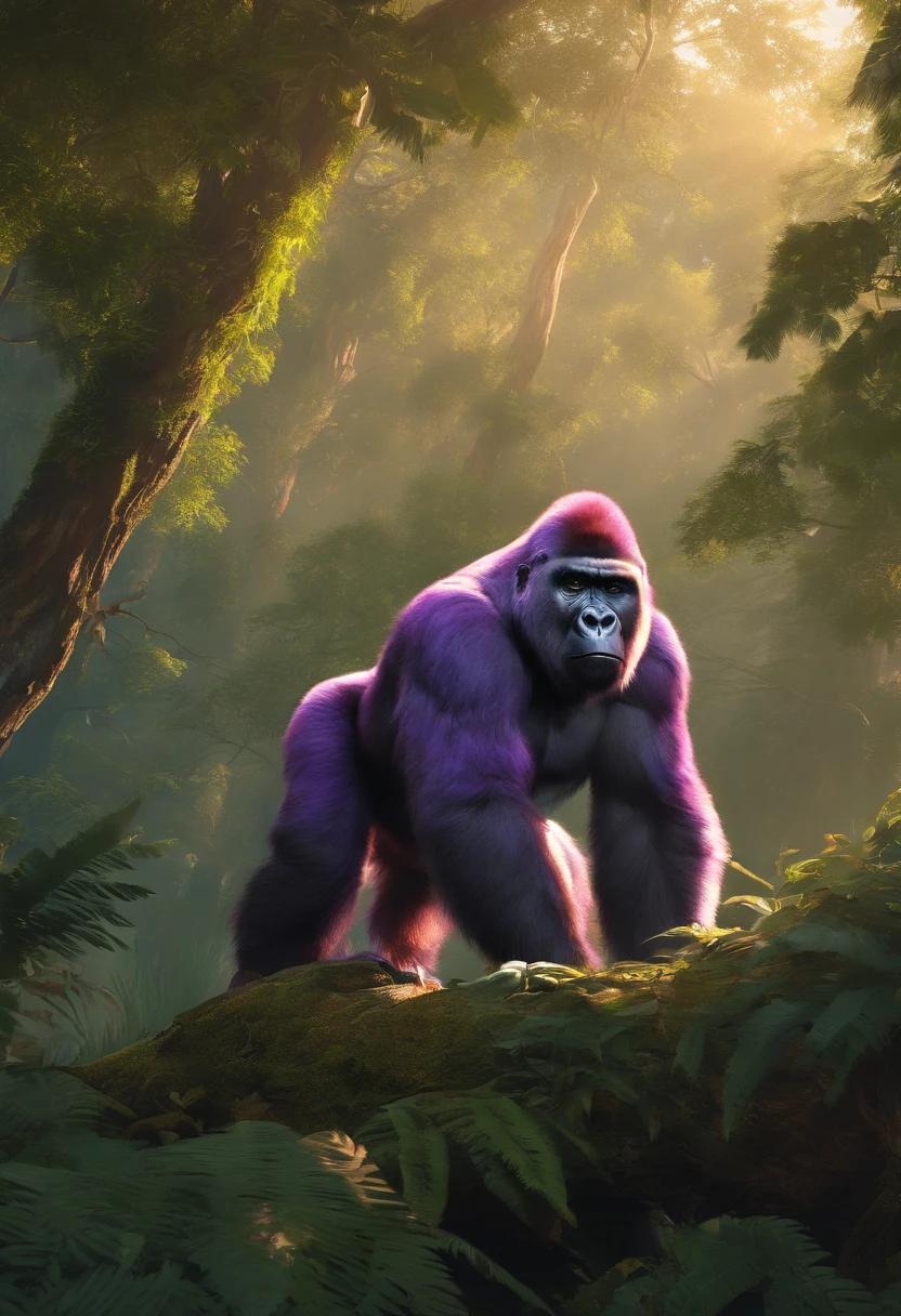 (best quality,4k,8k,highres,masterpiece:1.2),ultra-detailed,(realistic,photorealistic,photo-realistic:1.37),gorilla tag style monkey,black skin,purple eyes,sharp focus,vivid colors,studio lighting,physically-based rendering,extremely detailed face,fierce expression,large muscular body,athletic pose,forest background,sunlight filtering through the trees,dense foliage,misty atmosphere,impactful artwork,paintbrush strokes,lyrical composition,color harmony,contrasting shadows and highlights,subtle texture,three-dimensional effect,energetic movement,colossal presence,awe-inspiring gaze,mysterious aura,exquisite craftsmanship,powerful yet gentle demeanor,superb attention to detail,hint of playfulness,fantastical elements,impressive strength and grace,imposing physique,grandiose scale,artistic interpretation,imaginative storytelling,monochromatic color scheme,outstanding realism,compelling depth,mesmerizing intensity,splendid form,striking beauty,unforgettable masterpiece