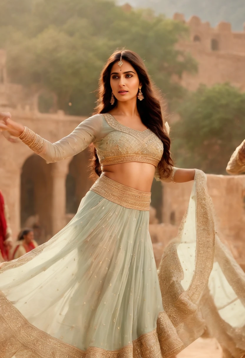 Indian Actresses Katrina Kaif as Create an image of an enchanted amphitheater, where the language wizards gather to perform the 'Linguistic Symphony of Thrones.' Each wizard stands on a pedestal, their gestures and words infusing the air with vibrant energy. The surroundings are a vivid tapestry of linguistic symbols, and as the wizards conjure the Dothraki and Valyrian languages, the symbols transform into shimmering lights that dance to the rhythm of their incantations
