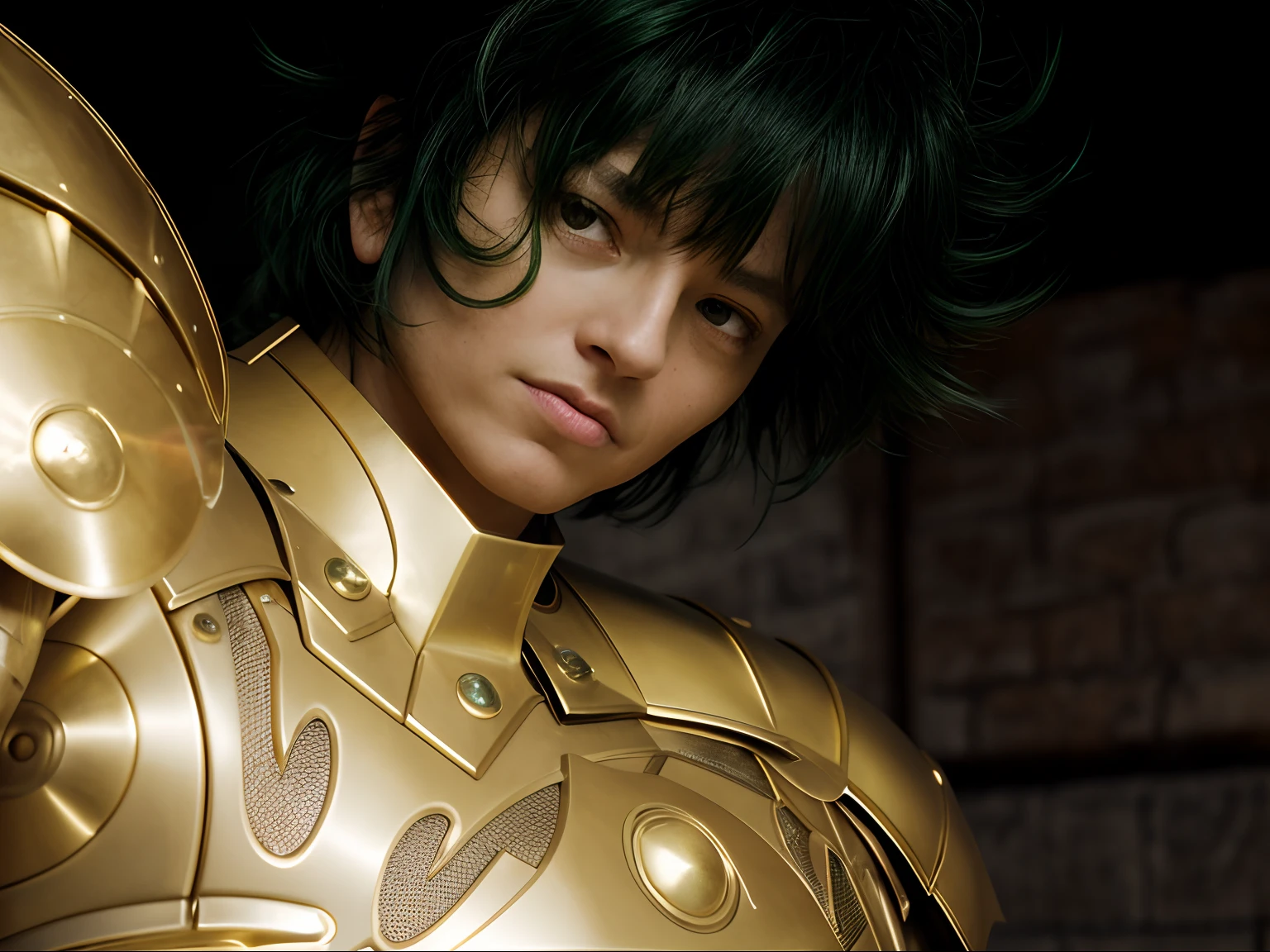 Cinematic stunningly detailed and ultra-realistic of Shura of Capricorn of Saint Seiya. Close up, slightly low and side view. He is wearing a golden detailed medieval armor. Shoulder armor. Muscular. He is Spanish man about ((45 years old)). 1boy. Detailed face. (Pretty big green eyes). Perfect eyes. (Serious look). ((Strong exrepssion)). (Shaved)). He has short green hair. Messy hair. Bangs. (breast less). He is staring his enemy. (full body armor), (bright golden armor), (detailed armor, high quality), (ornate armor), (hdr), (noble), inspiring, film, cinematic lighting.