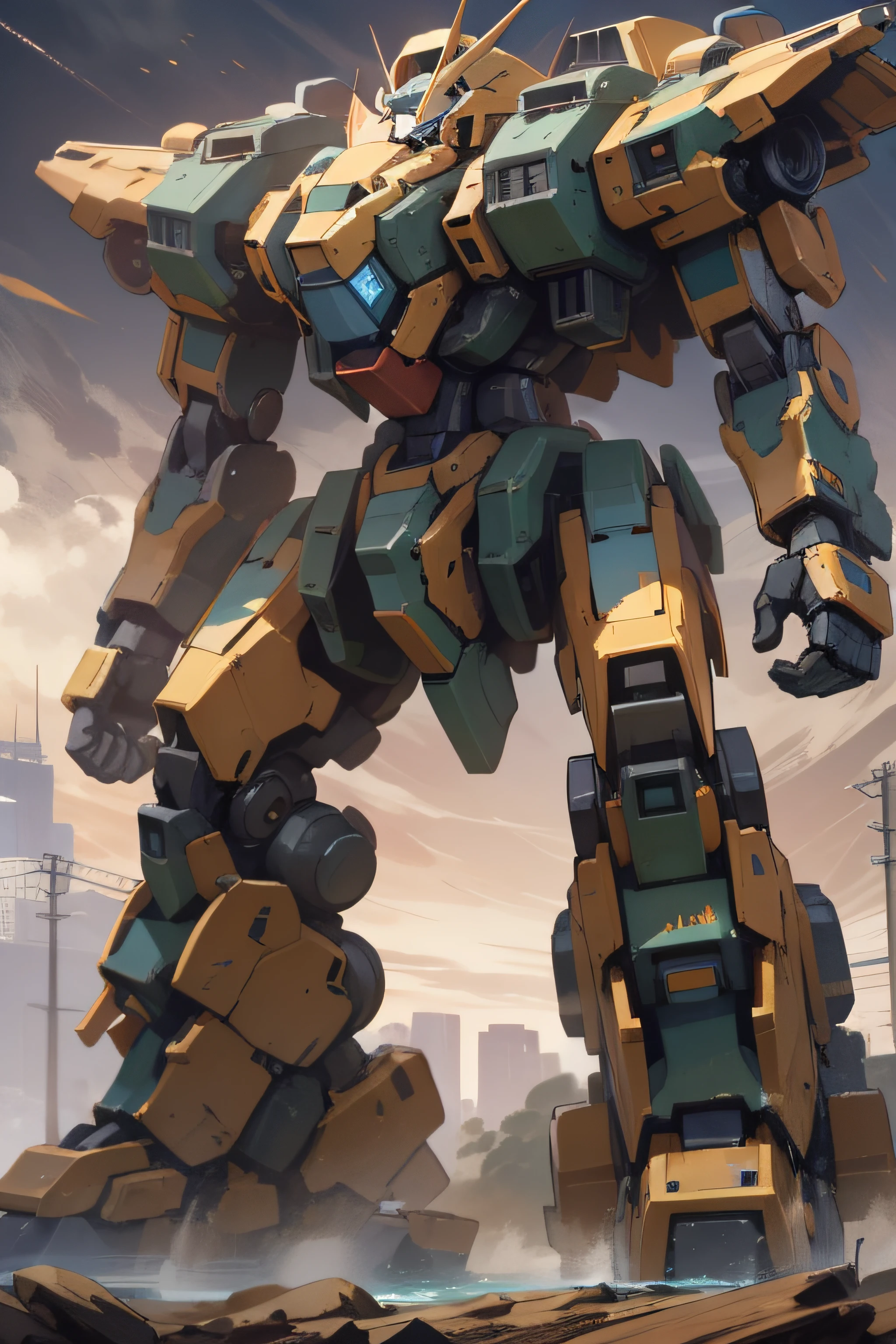 Powerful and majestic mecha towering over the scene, radiating an awe-inspiring presence.