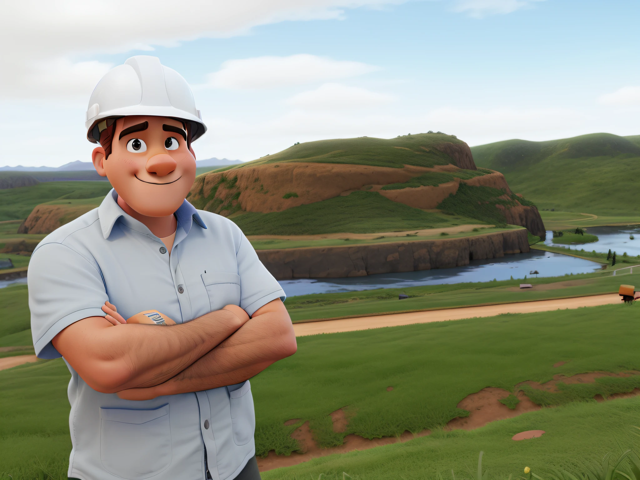 A man in a hard hat and the background landscape in the Disney Pixar style, alta qualidade, melhor qualidade
