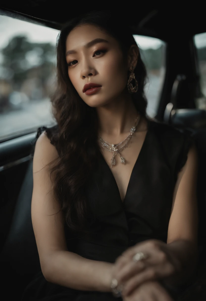 Jennie from Blackpink with piercings on her lips, vestida com um vestido preto colado, e sentada em um banco de um carro