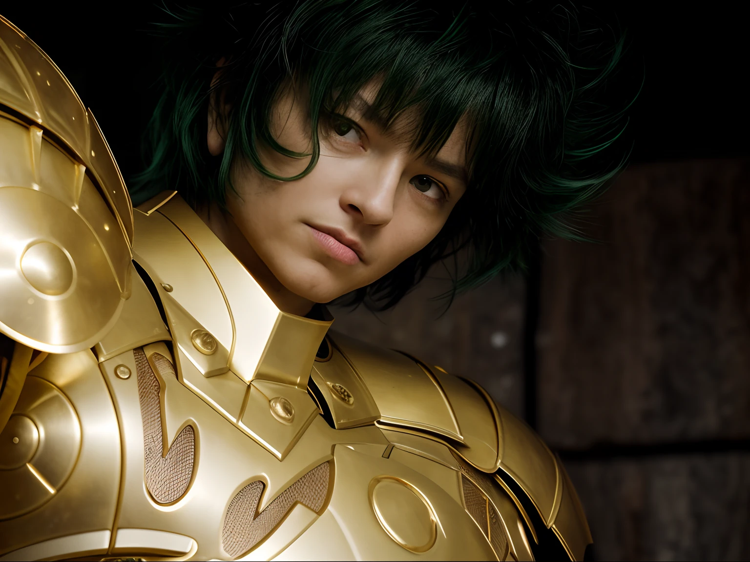 Cinematic stunningly detailed and ultra-realistic of Shura of Capricorn of Saint Seiya. Close up, slightly low and side view. He is wearing a golden detailed medieval armor. Shoulder armor. Muscular. He is Spanish man about ((45 years old)). 1boy. Detailed face. (Pretty big green eyes). Perfect eyes. (Serious look). ((Strong exrepssion)). (Shaved)). He has short green hair. Messy hair. Bangs. (breast less). He is staring his enemy. (full body armor), (bright golden armor), (detailed armor, high quality), (ornate armor), (hdr), (noble), inspiring, film, cinematic lighting.