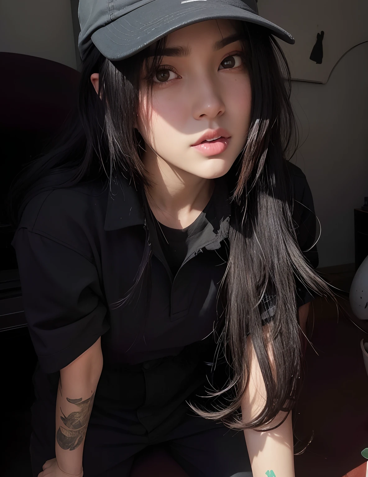 There's a woman with a baseball cap and a baseball bat, Ela tem cabelo preto com franja, cabelo preto longo com franja, com longos cabelos pretos, cruel korean goth girl, cabelos pretos longos e finos, com longos cabelos escuros, cabelo blackbangs cabelo, com cabelos longos, 🤤 retrato da menina, cabelos escuros longos com franja, com cabelo preto liso, com cabelos pretos