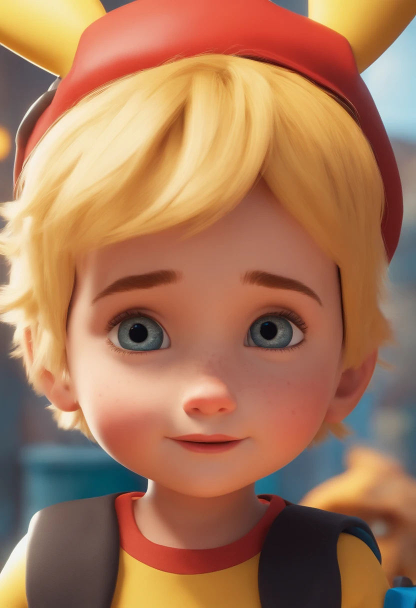 uma selfie de um garoto bonito, feliz, Short Blonde Hair Child, Tom Vivo, Estilo Pixar, ........3d, desenhos animados, rosto detalhado, asymmetrical 16k, Pikachu's Hat