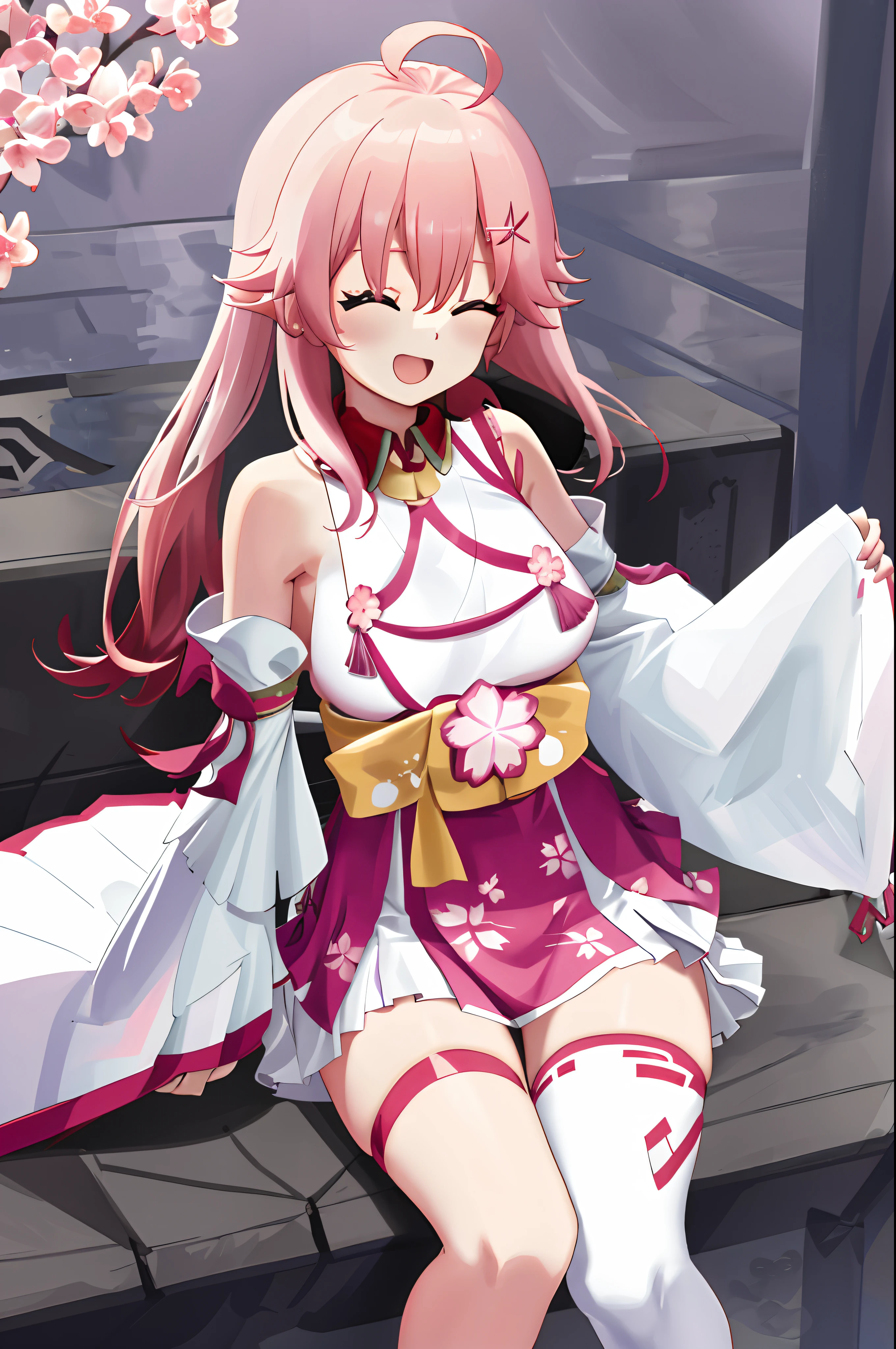 masterpiece, best quality, highres, miko1, sakura_miko, 1girl, big_boobs, solo, ahoge, x_hair_ornament, pink_hair, floral print, hairclip,(side_less_clothes:1.5), (side_boobs:1.5), hair_bell, floral print, long_hair, hair between eyes, one side up, white thighhighs, asymmetrical legwear, wide sleeves, open_mouth,(happy:1.3),close_eyes,big_smile,plump,apart_legs,(overly_long_sleeves:1.3),sleeves_past_wrists,hands_hidden_sleeves,sidelock_clothes,solo,hidden_wrists,(XD:1.5),covered_nipples,sunlight,(bare_flank:1.3),happy