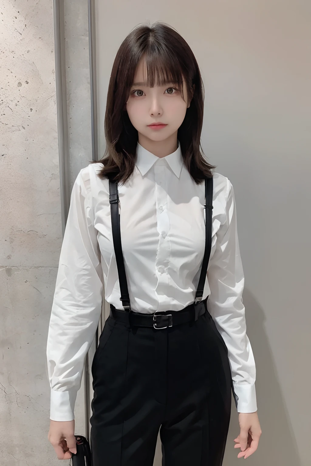 ​masterpiece、flat-colors、depth of fields、lens flare 1 girl、、Brown hair、watching at viewers　　　　a belt　black suspenders　Social OL　　　Too large breasts　　　 　 Armpit sweat　perspiring　Side of both hands　　walls: Black Suit　Black pants, Black jacket holster