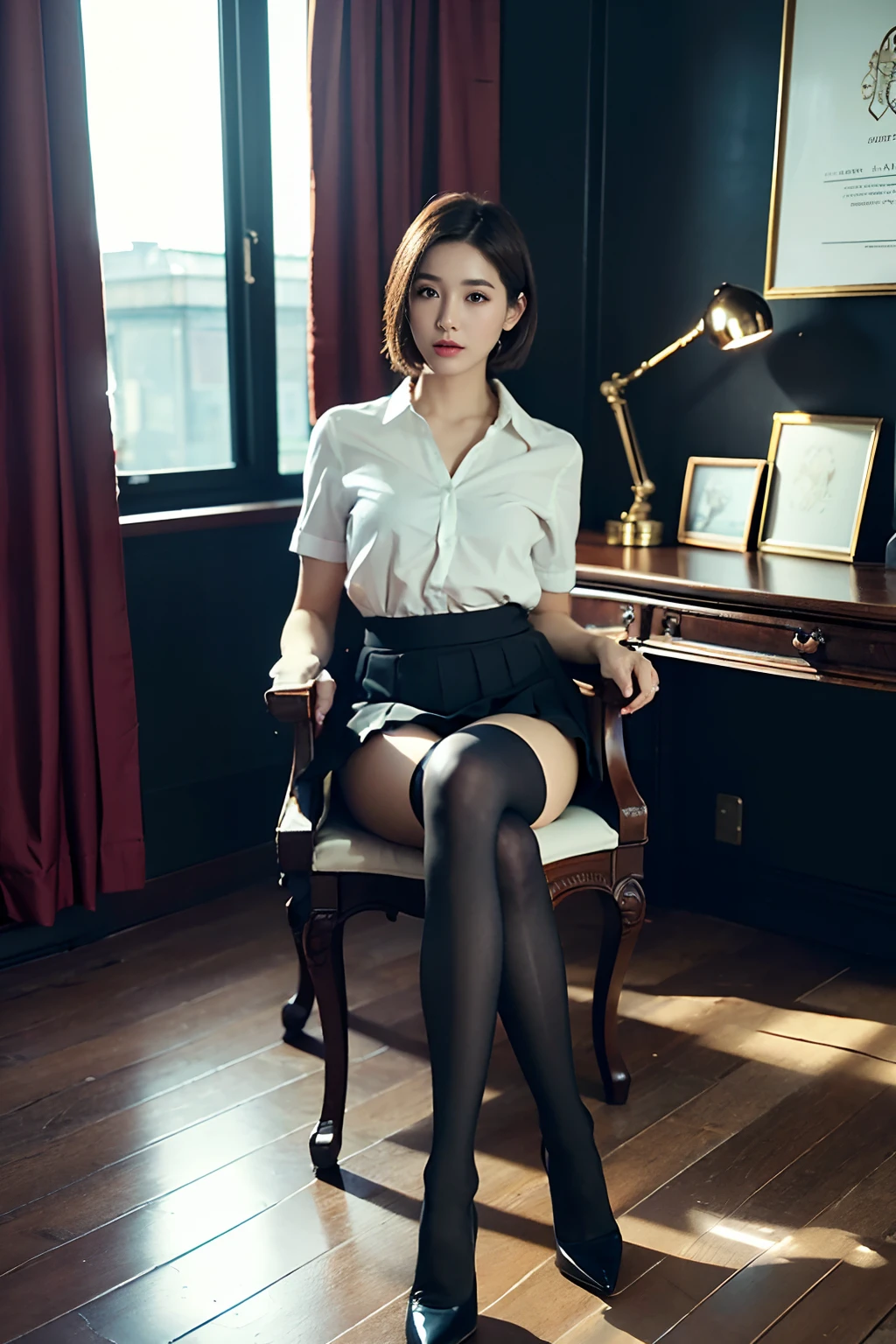 (Elite secretary of the upper class in light underwear), sit a chair，working in an office、 (Wear pantyhose)、(Short Layer Hair)、crossed legs, Wear high-end heels、 (thighhighs and skirt), Shirt Secretary, merchant,  Wear shirts and skirts, Business attire, business outfit, Raw photo, (8K、top-quality、tmasterpiece:1.2)、(intricate detailes:1.4)、(Photorealsitic:1.4)、octane renderings、Complex 3D rendering ultra detail,  vibrant detail, super detailing, realistic skin textures, Detal Face, Beautiful detail eyes, Very detailed CG Unity 16k wallpaper, Makeup - Makeup, (detailedbackground:1.2), shiny skins、Naked on the thighs!!!,