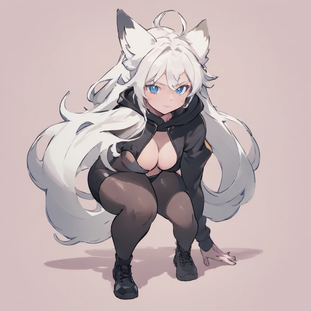 male, tall, has Long white hair, has wolf ears, has wolf tail, has blue eyes, wearing denim short shorts, thigh high fishnets, black combat boots, wearing cropped black hoodie, flat chest, super flat chest, solo femboy, only one femboy ((FLAT CHEST)) (ALONE)(SOLO) Alone, solo, wide hips, thicc thighs, male, is male, happy