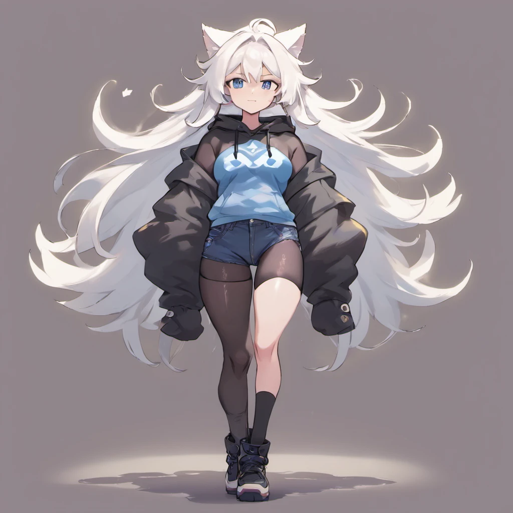 male, tall, has Long white hair, has wolf ears, has wolf tail, has blue eyes, wearing denim short shorts, thigh high fishnets, black combat boots, wearing cropped black hoodie, flat chest, super flat chest, solo femboy, only one femboy ((FLAT CHEST)) (ALONE)(SOLO) Alone, solo, wide hips, thicc thighs, male, is male, happy