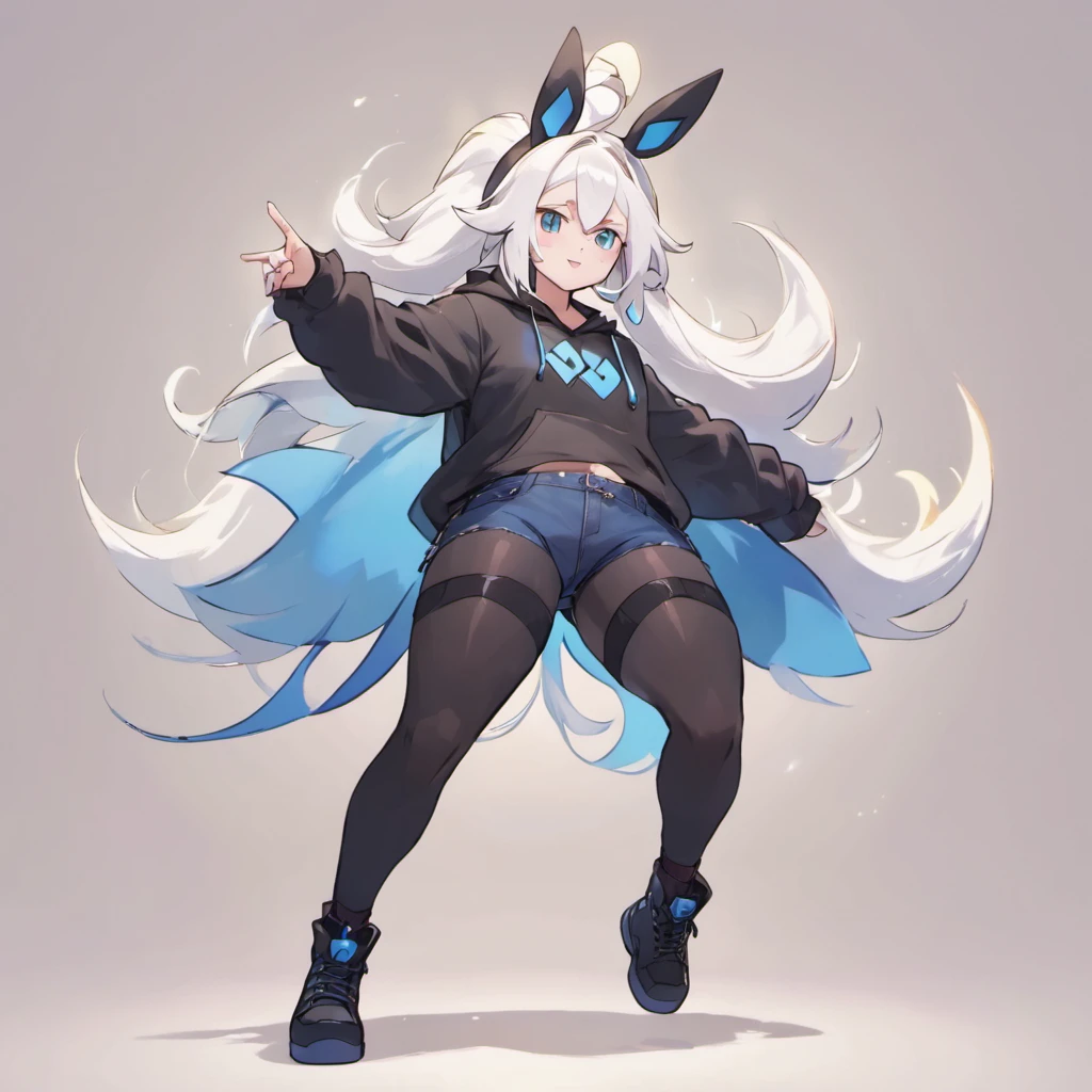 male, has Long white hair, has wolf ears, has wolf tail, has blue eyes, wearing denim short shorts, thigh high fishnets, black combat boots, wearing cropped black hoodie, flat chest, super flat chest, solo femboy, only one femboy ((FLAT CHEST)) (ALONE)(SOLO) Alone, solo, wide hips, thicc thighs, male, is male
