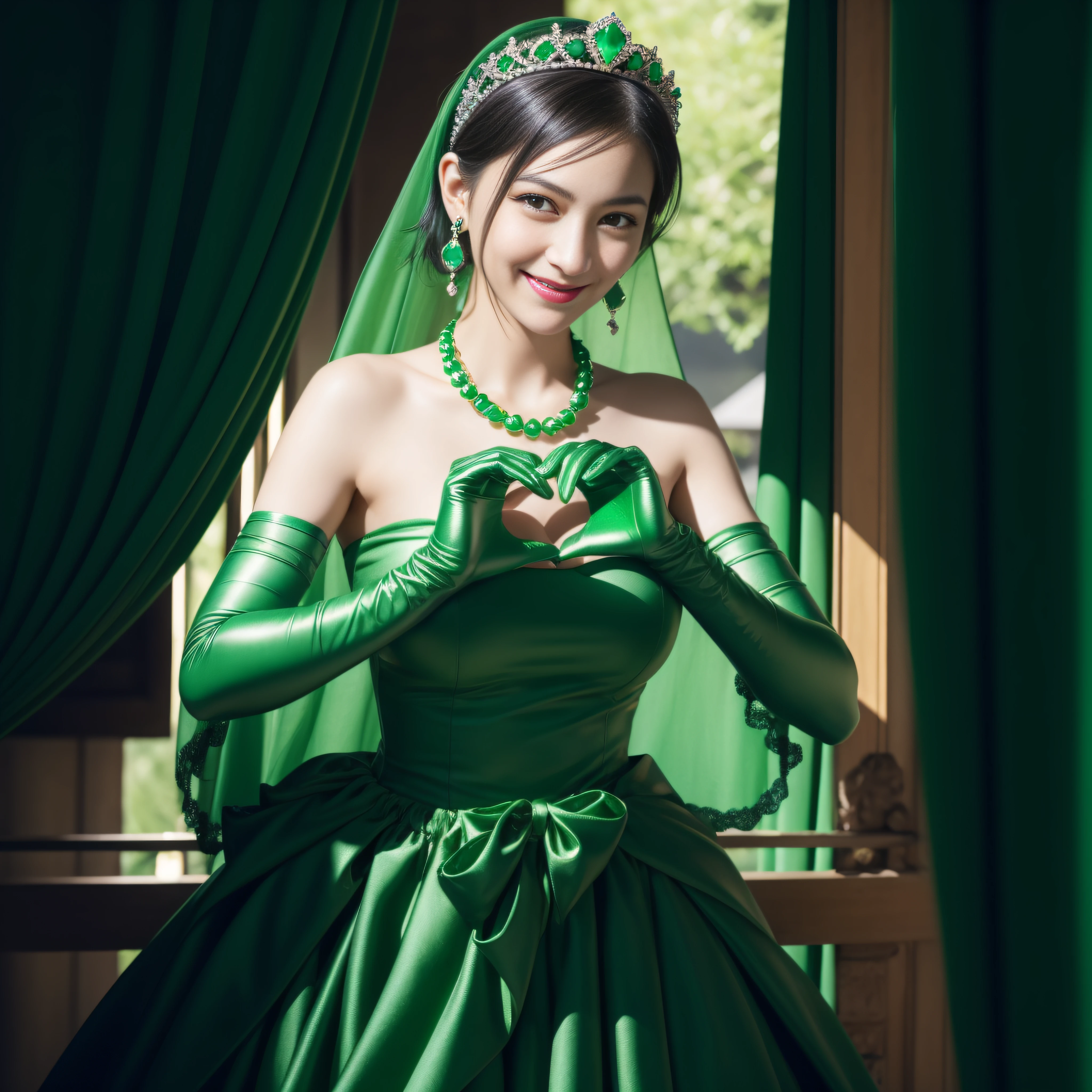 emerald tiara, Green Pearl Necklace, Boyish very short black hair, lipsticks, Japan woman smiling, very short short hair,  big breasts beautiful, Green eyes, Long green gloves made of satin material, Green eyes, Emerald Earrings, green vale, Heart with both hands