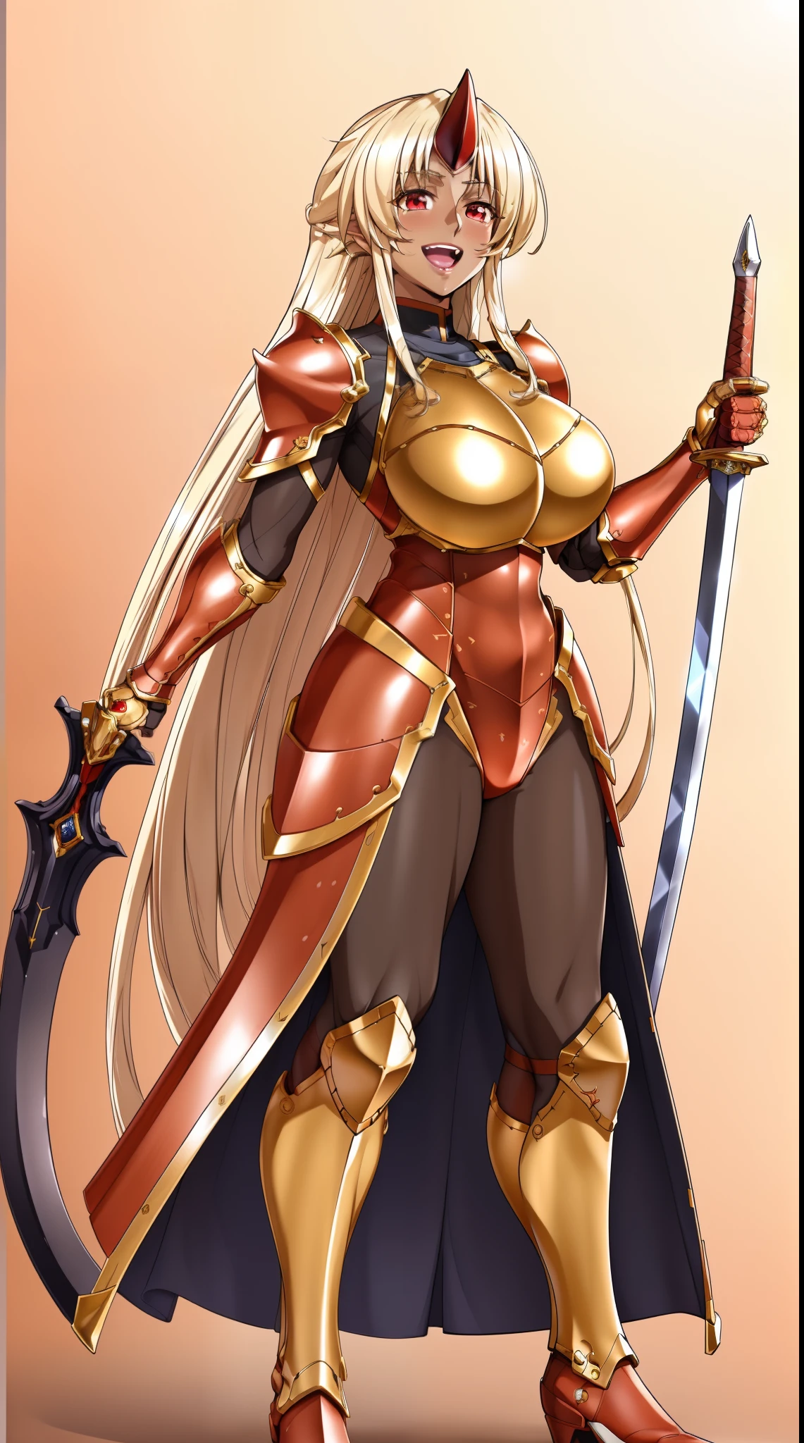 (best quality,4k,8k,highres,masterpiece:1.2),ultra-detailed,(1.37),single horn,very long hair,tall female,red eyes,dark skinned female,standing,armor,boots,sword holding,joyful,big smile,full armor,illustration,portrait,rich colors,warm tones,soft lighting