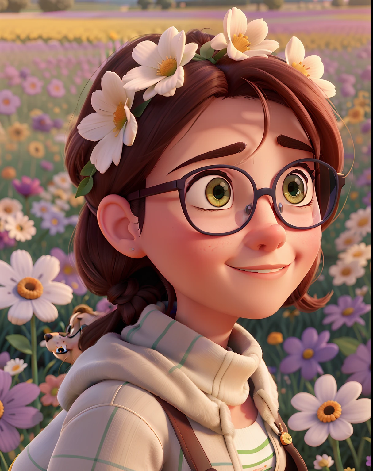 Alta qualidade, estilo pixar, Woman wearing glasses in a field of flowers with cuddly dogs