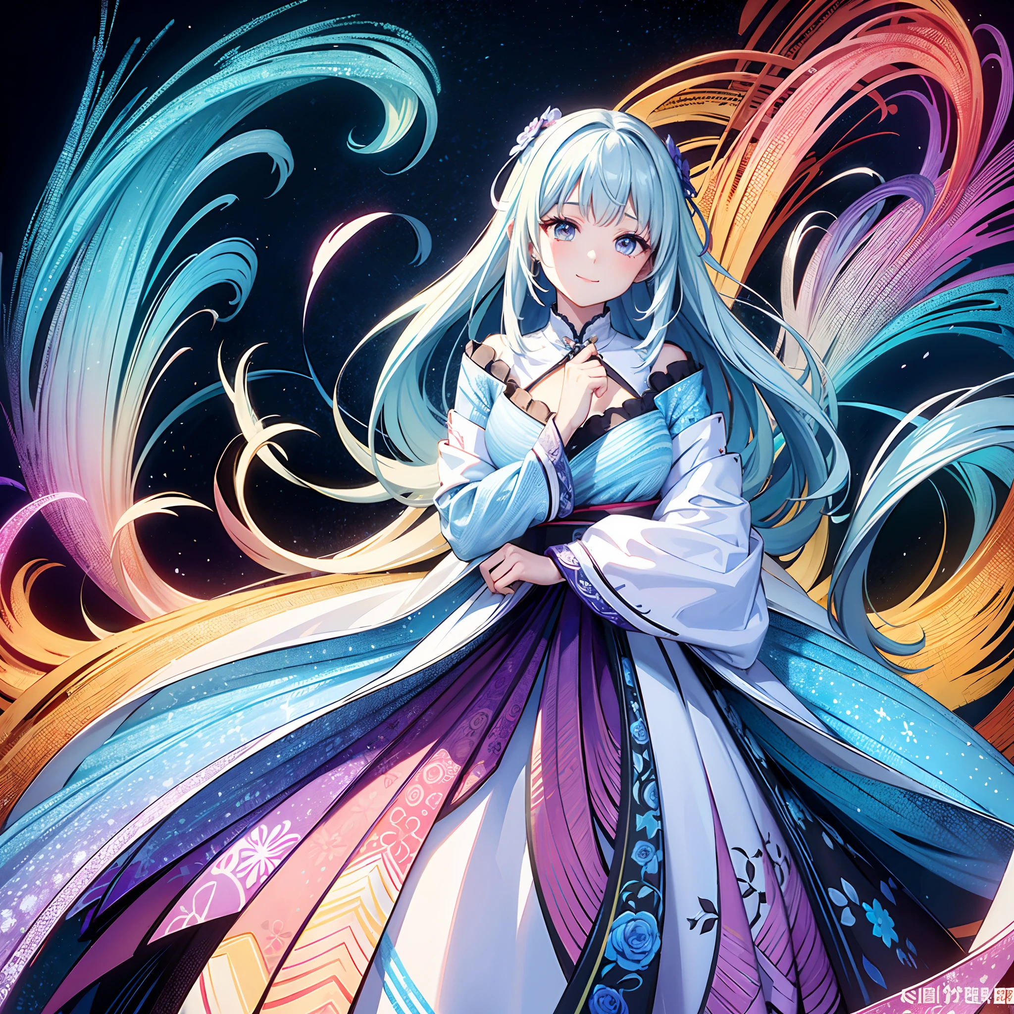 (masterpiece、top-quality、top-quality、Official art、Beautifully Aesthetic:1.2)、(1girl in:1.3)Light blue long hair、Twin-tailed、adorable smiling、ighly detailed、(Fractal Art:1.1)、(colourfull:1.1)(florals:1.3)、highestdetailed、(Zentangle:1.2)、(dynamicposes)、(Abstract background:1.3)、(shinny skin)、(Many colors:1.4)、、(耳Nipple Ring)、(pluma:1.5)、White background、Phoenix dress、
