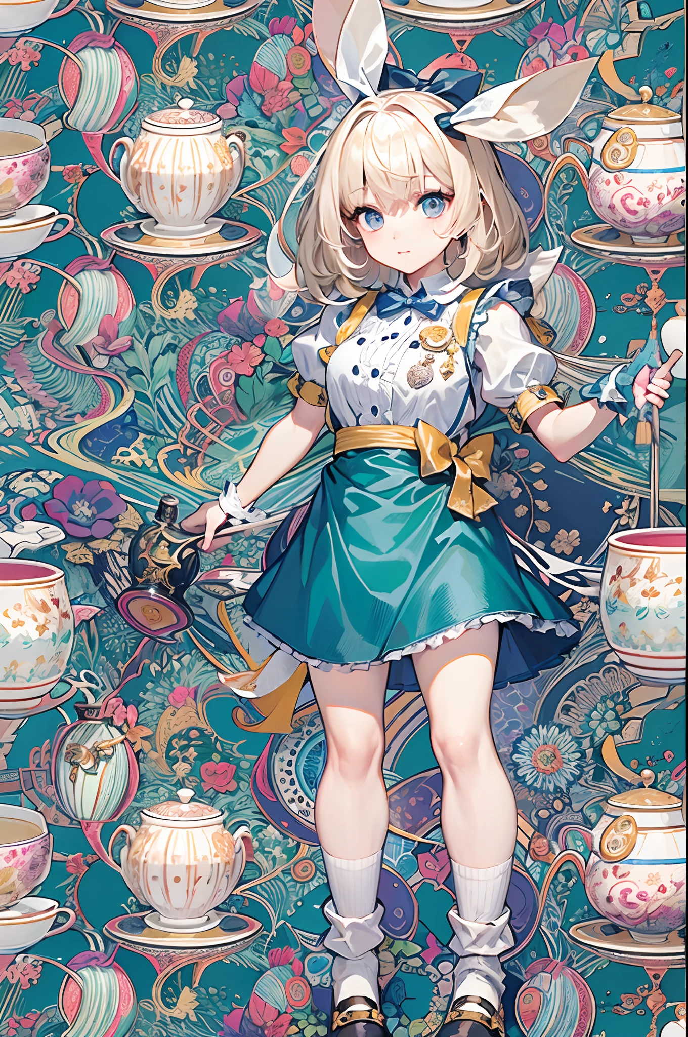 (masuter piece、top-quality、Mystical、Beautifully Aesthetic、offcial art、Impresionismo、von gogh:1.2)、(1 girl in:1.3)、(Fractal Art:1.4)、shinny skin、patterns、(alice in the wonderland:1.2)、(bunny rabbit、Siamese cat、PlayingCards、tea cup、pocket watch:0.8)、(Tie your hair with a ribbon、Blue Dress、a miniskirt、beauty legs、White Apron、white sock、platinum-blonde、Blue eyes)、Exotic wallpapers、highly colorful、Abstract background、Fantastical