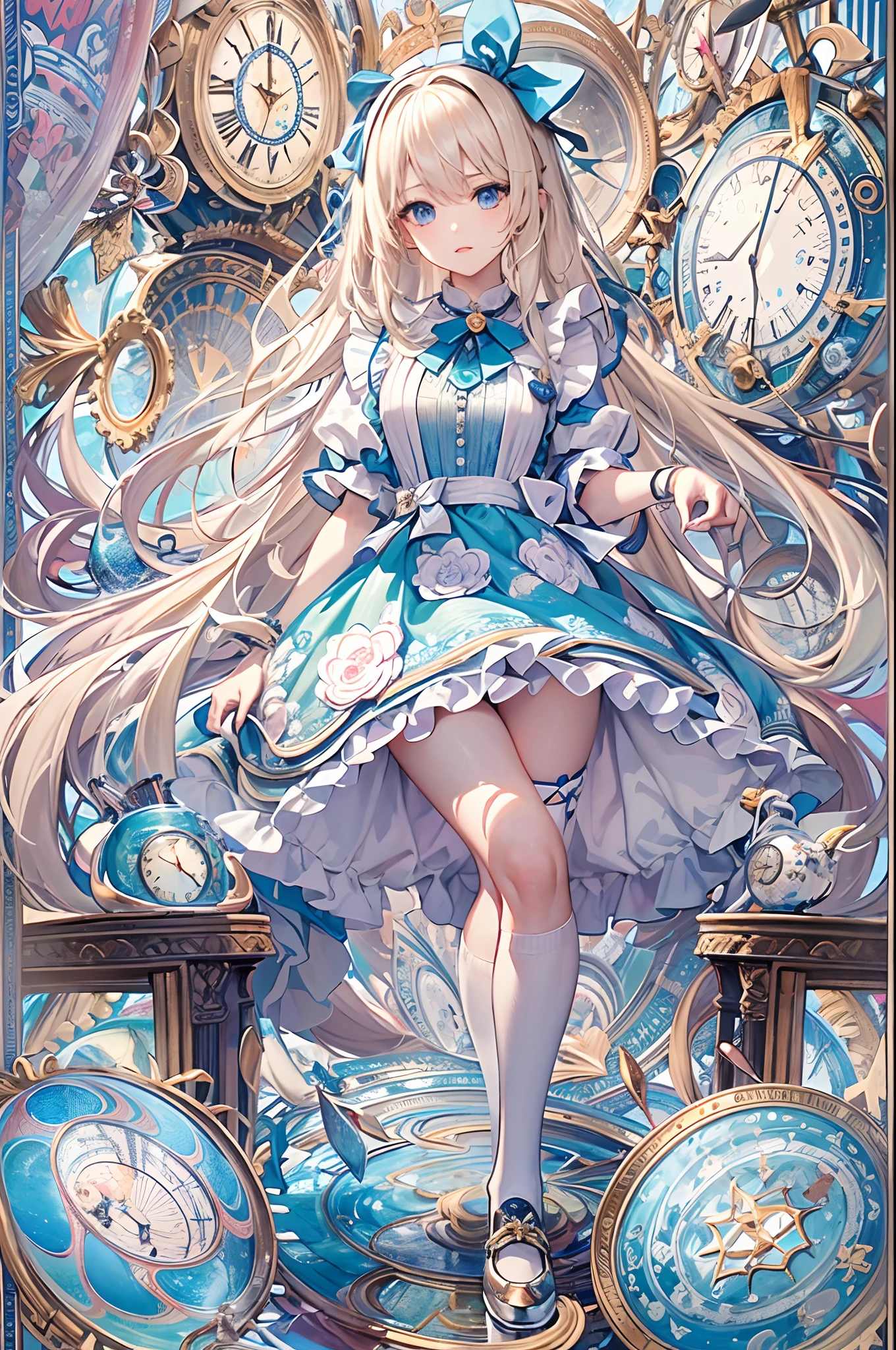 (masuter piece、top-quality、Mystical、Beautifully Aesthetic、offcial art、Impresionismo、von gogh:1.2)、(1 girl in:1.3)、(Fractal Art:1.4)、shinny skin、patterns、(alice in the wonderland:1.2)、(bunny rabbit、Siamese cat、PlayingCards、tea cup、pocket watch:0.8)、(Tie your hair with a ribbon、Blue Dress、a miniskirt、beauty legs、White Apron、white sock、platinum-blonde、Blue eyes)、Exotic wallpapers、highly colorful、Abstract background、Fantastical