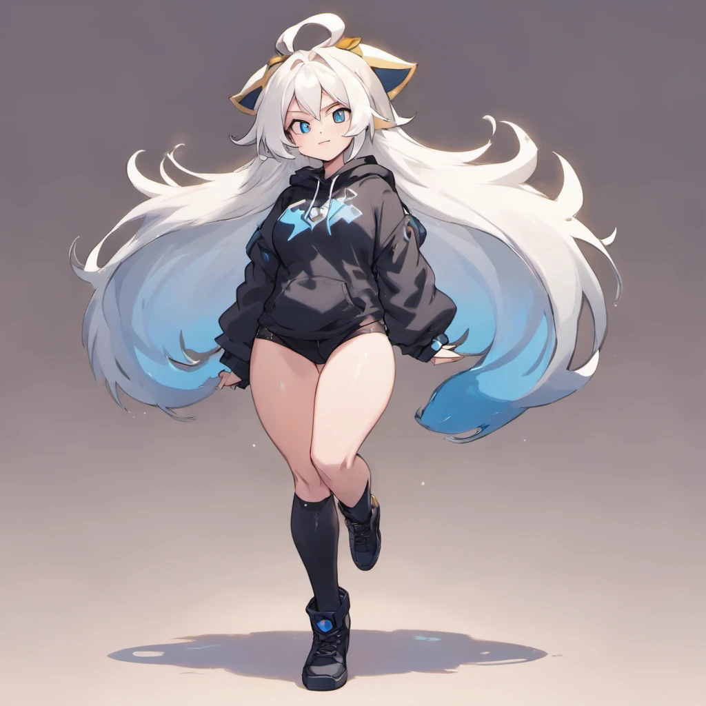 male, tall, has Long white hair, has wolf ears, has wolf tail, has blue eyes, wearing denim short shorts, thigh high fishnets, black combat boots, wearing cropped black hoodie, flat chest, super flat chest, solo femboy, only one femboy ((FLAT CHEST)) (ALONE)(SOLO) Alone, solo, wide hips, thicc thighs, male, is male, happy
