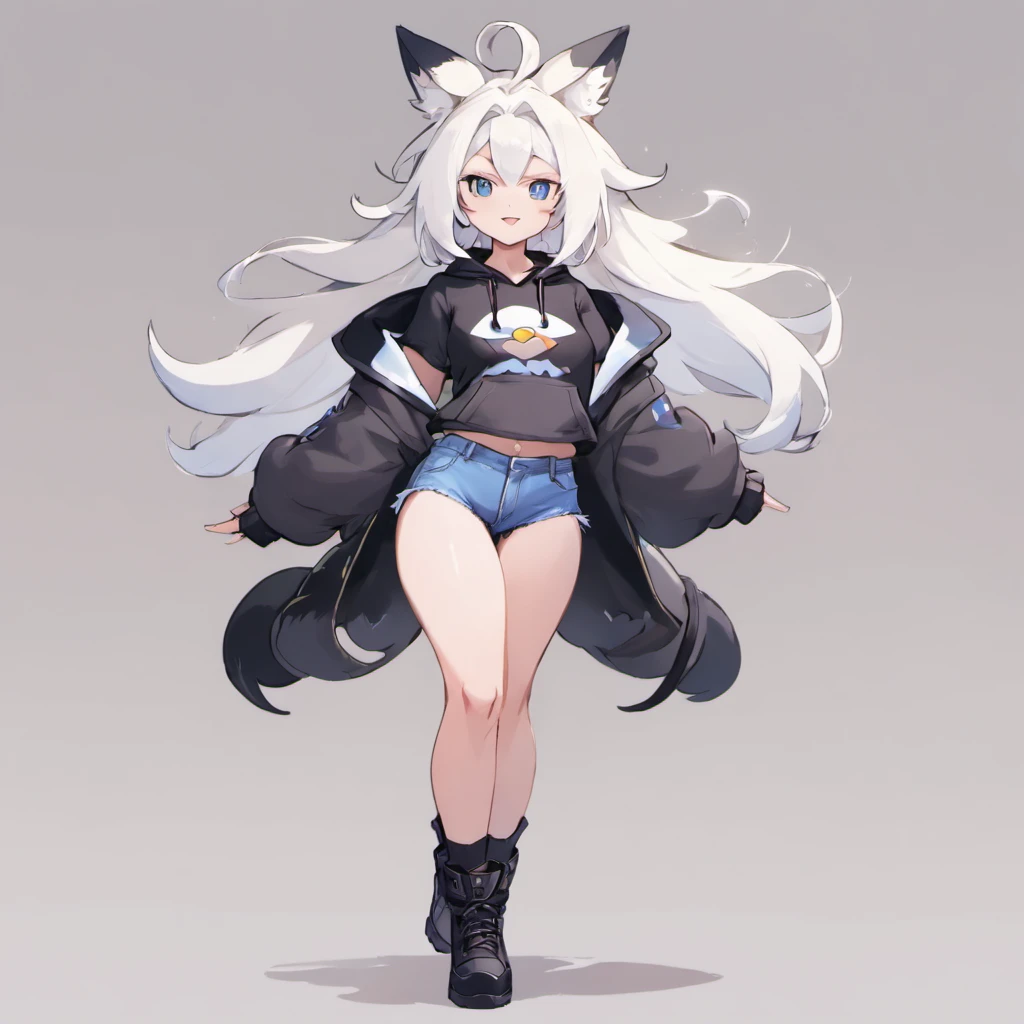 male, tall, has Long white hair, has wolf ears, has wolf tail, has blue eyes, wearing denim short shorts, thigh high fishnets, black combat boots, wearing cropped black hoodie, flat chest, super flat chest, solo femboy, only one femboy ((FLAT CHEST)) (ALONE)(SOLO) Alone, solo, wide hips, thicc thighs, male, is male, happy