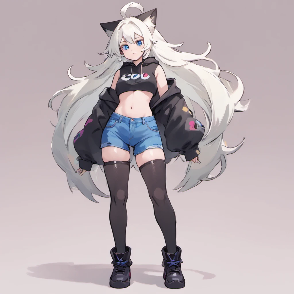 male, tall, has Long white hair, has wolf ears, has wolf tail, has blue eyes, wearing denim short shorts, thigh high fishnets, black combat boots, wearing cropped black hoodie, flat chest, super flat chest, solo femboy, only one femboy ((FLAT CHEST)) (ALONE)(SOLO) Alone, solo, wide hips, thicc thighs, male, is male, happy