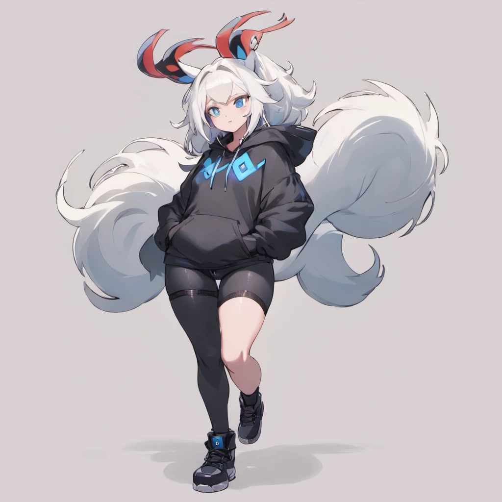 male, tall, has Long white hair, has wolf ears, has wolf tail, has blue eyes, wearing denim short shorts, thigh high fishnets, black combat boots, wearing cropped black hoodie, flat chest, super flat chest, solo femboy, only one femboy ((FLAT CHEST)) (ALONE)(SOLO) Alone, solo, wide hips, thicc thighs, male, is male, happy