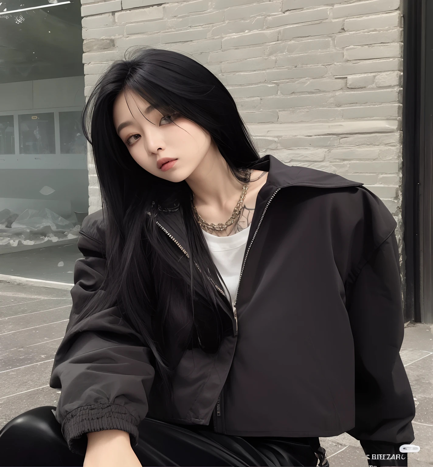 mulher arafed sentada em um meio-fio com uma jaqueta preta, cruel korean goth girl, com longos cabelos escuros, com longos cabelos pretos, com cabelos longos, Ulzzang, Camisa cropped com jaqueta, longos cabelos lisos pretos livres, cabelos pretos longos e finos, messy long black hair, Ela tem cabelo preto com franja, com cabelo preto liso, she is wearing streetwear
