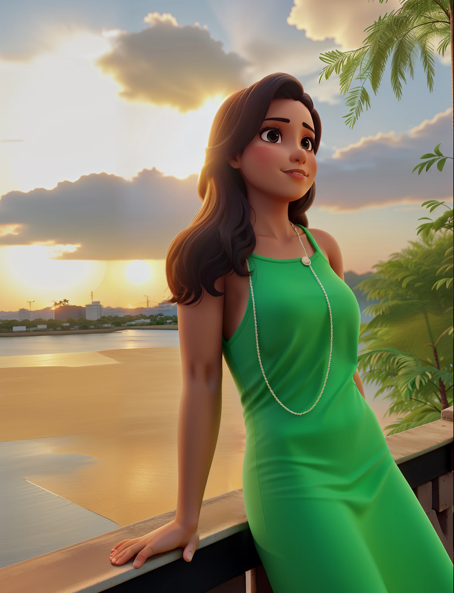 A close up of a woman in a green dress standing on a balcony - SeaArt AI