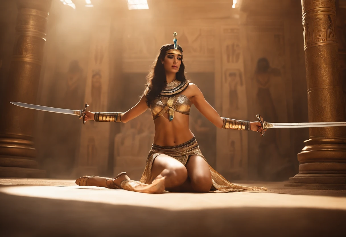 ((beste-Qualit)), ((ultra resolution)), ((Photorealistic)), (intricate detials),  (((Two super sexy ancient Egyptian female warriors with HOPESH swords fight in front of a pharaoh in ancient Egypt with a perfect body,  Her body glistens with olive oil   ) )) ,  caress each other, Shameless kisses and fingers, Their naked body glistens with cream and sex , Looks, as Megan Riley ,She's sitting, Spreading your legs, and is dressed in stockings and short leather boots . Visible crotch and butt appeared due to frequent sexual games The image is humorous , The image is humorous, Convey a cheerful dynamic . The composition uses playful visuals and vibrant colors, To enhance the comedic atmosphere, evoking a sense of frivolous fun.   a perfect face, makeup: 1,5, light face, Face detailing, Naked, Short Hair Hair, Nefertiti, , Background Hyper Realistic Ultra High Quality Cinematic Lighting Huge Detail Painting Full HD Good Lighting,diagonal bangs, naked breasts, Nice boobs, dynamicpose, approaching perfection, dynamic, Highly detailed, Artstation, Concept art,sharp-focus, ,The perfect inner kiss on, Beautiful, Perfect eyes, Nose and filtrum, Exquisite academic setting with traditional details, (Perfect Inner : 1. 2), [teats : white  shirt : 19], Bright, outstanding, Clear, Cinematic, Muted colors, Dark frame, Muted colors, Grain Film, mining, Crazy details, intricate details,