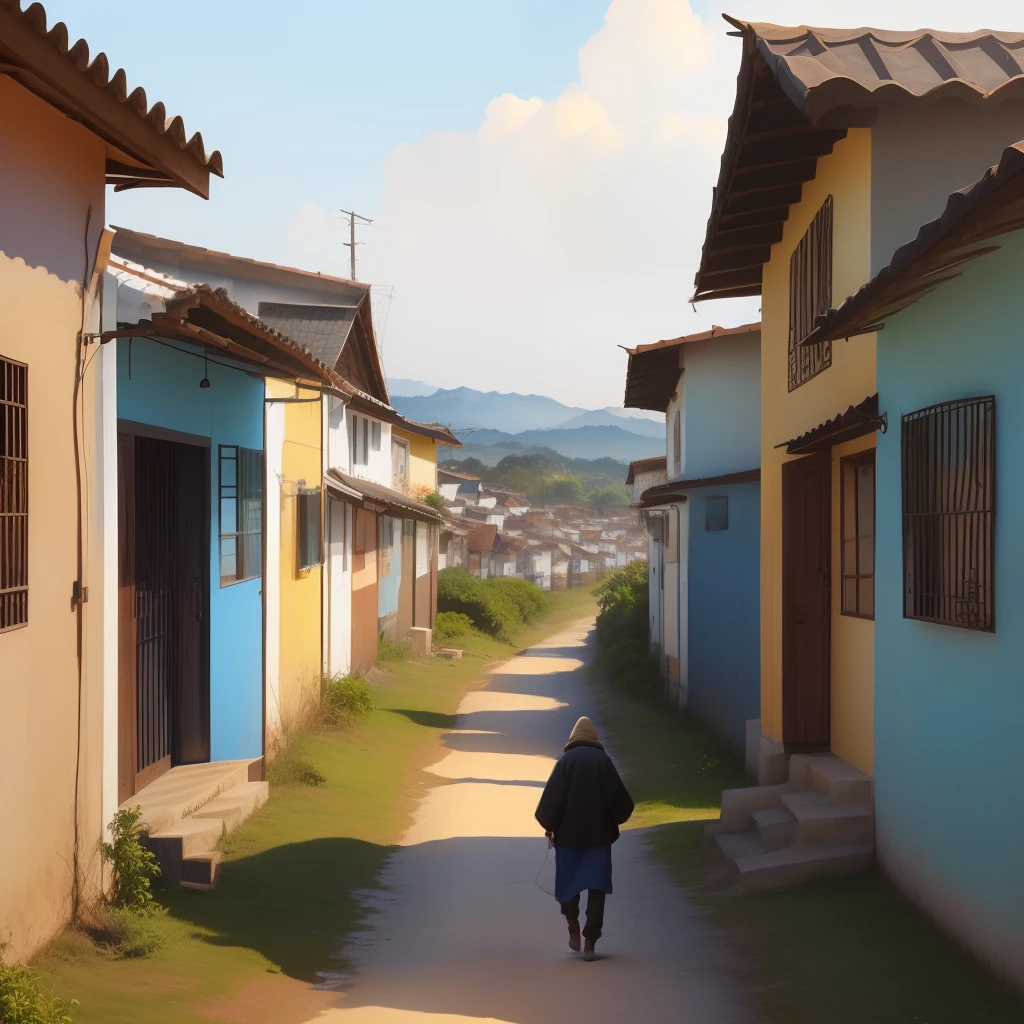 Uma pequena vila
- Imagem de uma vila simples, com casas de barro e telhados de palha.
- Pessoas caminhando pelas ruas, algumas com roupas simples .