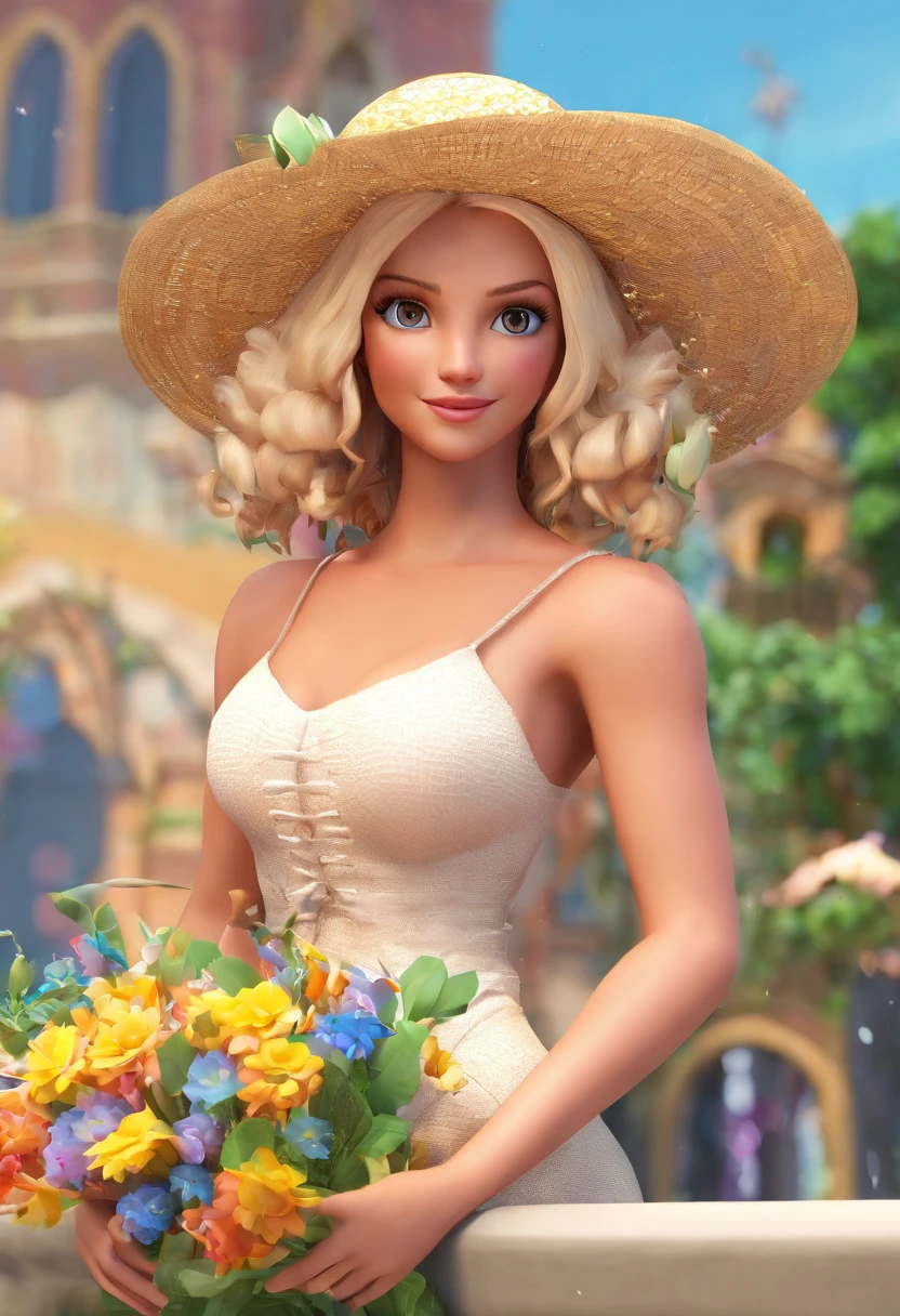 britney spears sentada junto ao mar, Holding flowers and flowers on the head Disney Pixar style, alta qualidade melhor qualidade