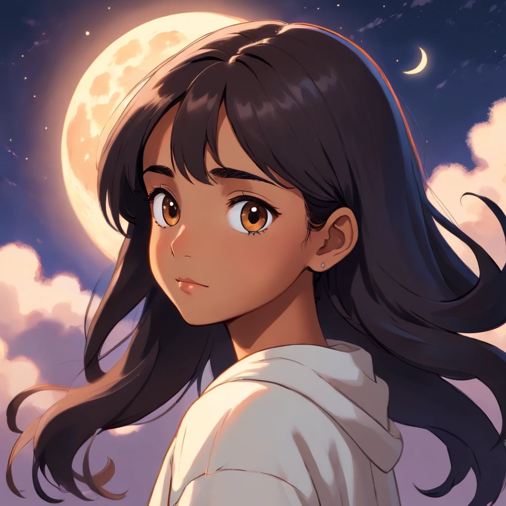 teenage indian girl with warm tone brown skin. she has black eyes and deep BLACK hair which is medium length and slightly wavy. her eyebrows are slightly arched, black, medium thickness. she wears an oversized white cardigan. the background is a moon.