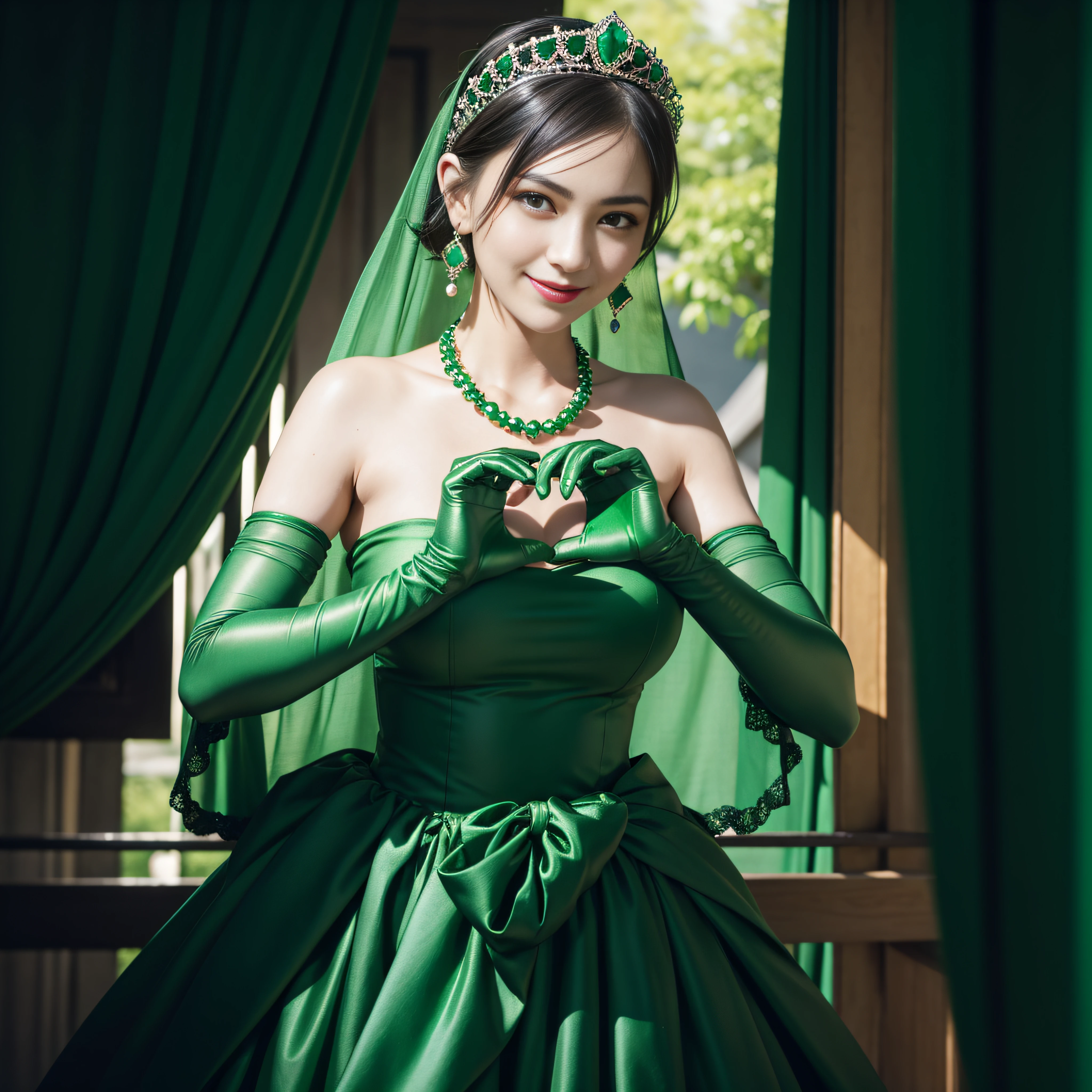 emerald tiara, Green Pearl Necklace, Boyish very short black hair, lipsticks, Japan woman smiling, very short short hair, big breasts beautiful, Green eyes, Long green gloves made of satin material, Green eyes, Emerald Earrings, green vale, Heart with both hands
