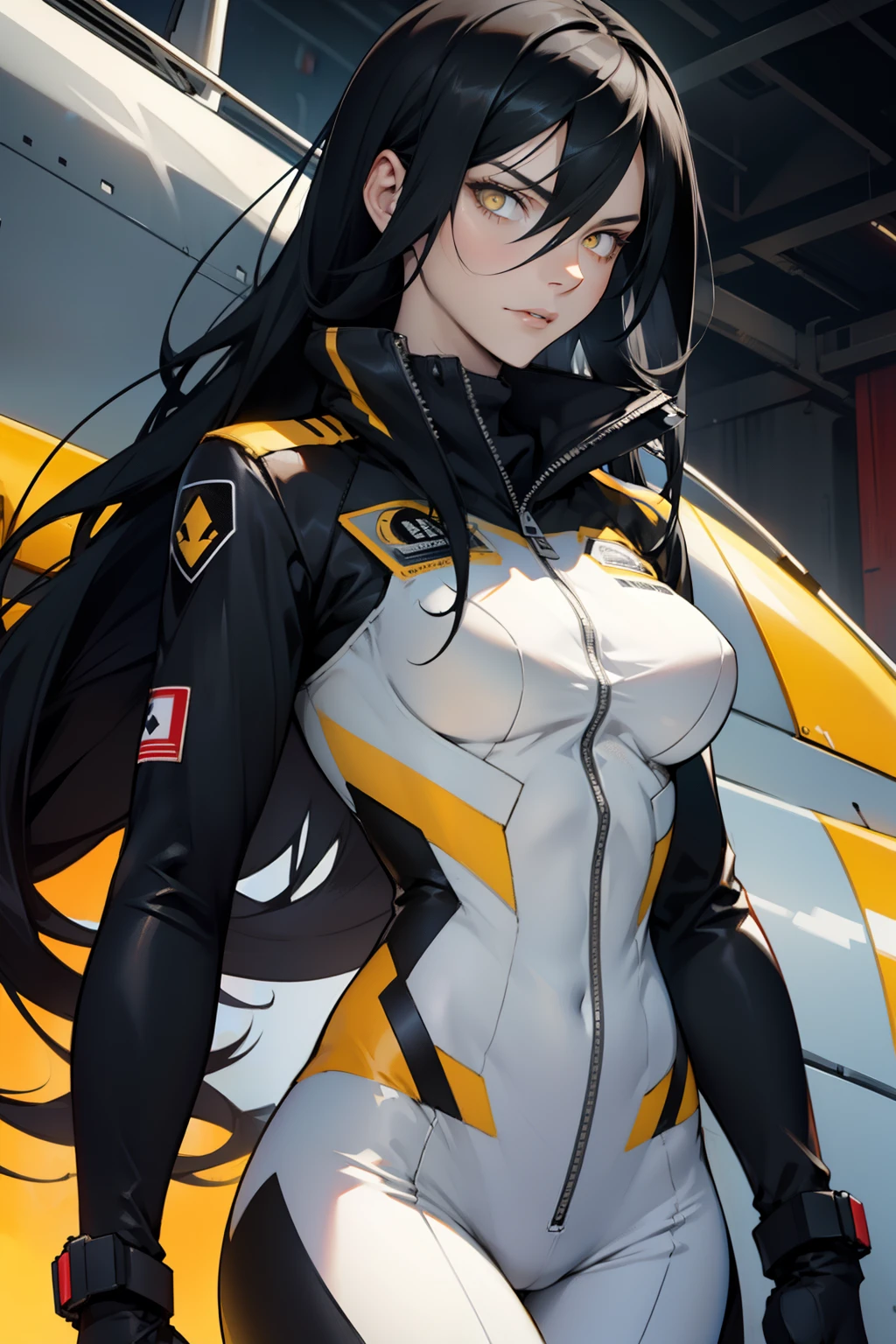 1 solo girl black hair yellow eyes very long hair pale skin muscular muscular muscular toned body huge muscles thick thighs girl tight clothes angry blushing messy hair leggings tight shirt long sleeves