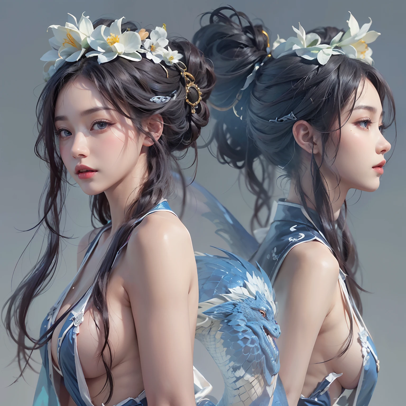 nsfw, 1girl, , (masterpiece: 1.4), (8K, realistic, raw photo, best quality: 1.4), skirtlift, strip naked, standing on mountain top, nipple areola shape clear, beautiful breasts, Chinese girl, beautiful cute face, (real face: 1.4), perfect , beautiful hairstyle, realistic blue eyes, beautiful detail eyes, (real skin: 1.3), beautiful skin, attractive, ultra high resolution, ultra realistic, cinematic lighting, black colored hair, long hair, twin ponytails, blue ribbons, ancient China, chinese mythology, dragon