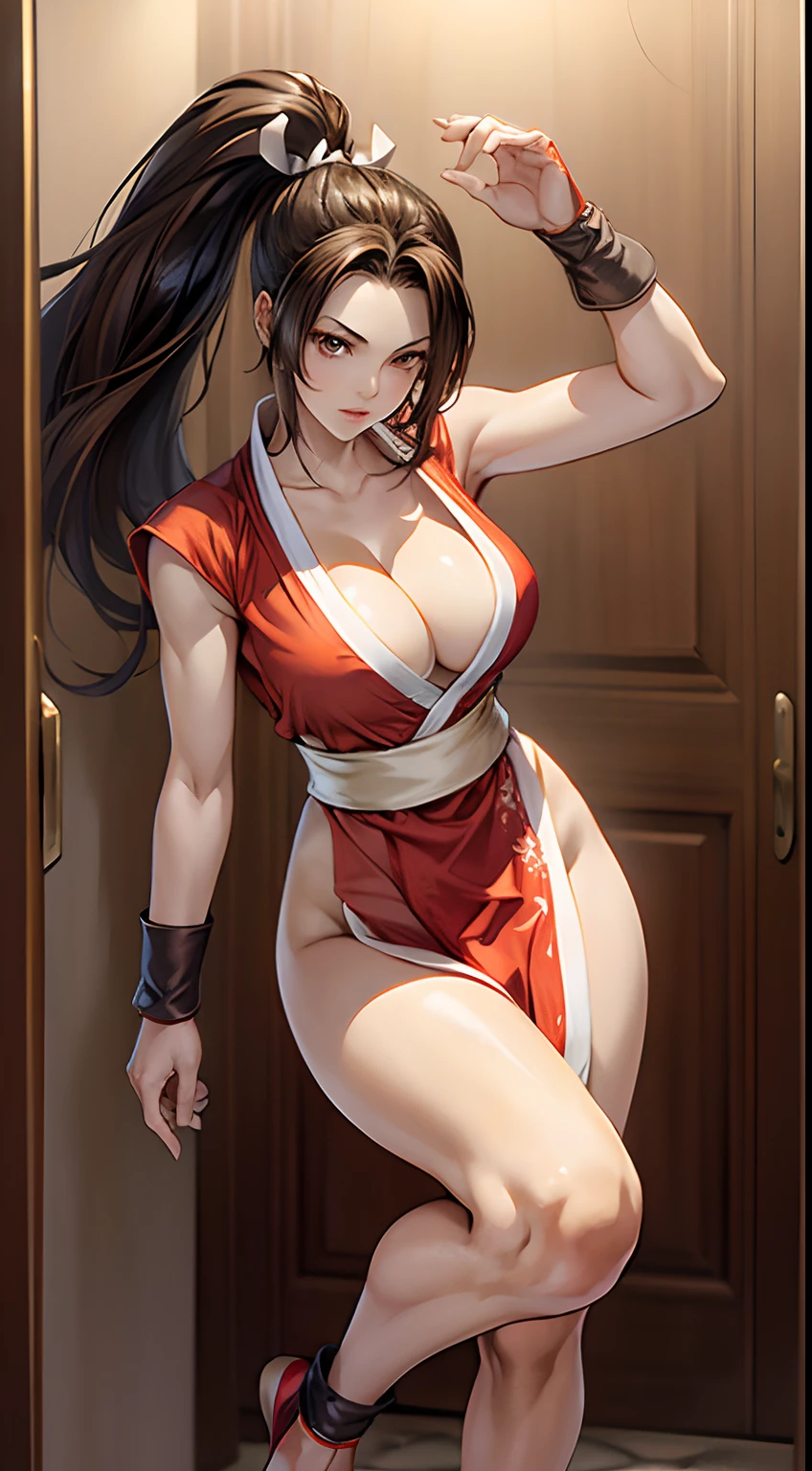 ((((masterpiece, superior quality))), best quality, official art, beauty and aesthetics: 1.2), (1 handle: 1.3), (fractal art: 1.3) (good lighting: 1.1), ((a high resolution), with brown eye, long whitish hair, brown hair, white ribbon, sleeves, ponytails, Obi strap, pelvic drape, cloths, ((Mai Shiranui)), cleavage, fighting stance, barefoot, standing .full body photo, muscular legs, big breasts