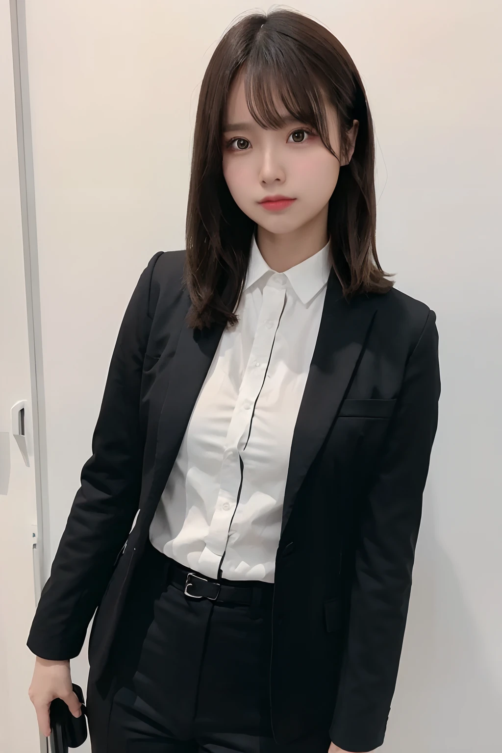 masterpiece, best quality, photorealistic, raw photo, DSLR, 15-year-old beautiful Japanese girl, shiny fair skin, realistic beautiful no makeup face, realistic beautiful bright eyes, double eyelids, look at viewer, smiling, highest detailed shiny black short hair and bangs, disheveled hair, slim figure, slim face, slim waist, big breasts, narrow thighs, ((black business suit, tight skirt, white collar shirt, open jacket, large office)), realistic lighting and shadows, highest delicate and beautiful photo, ultra high resolution, 8k UHD wallpaper,