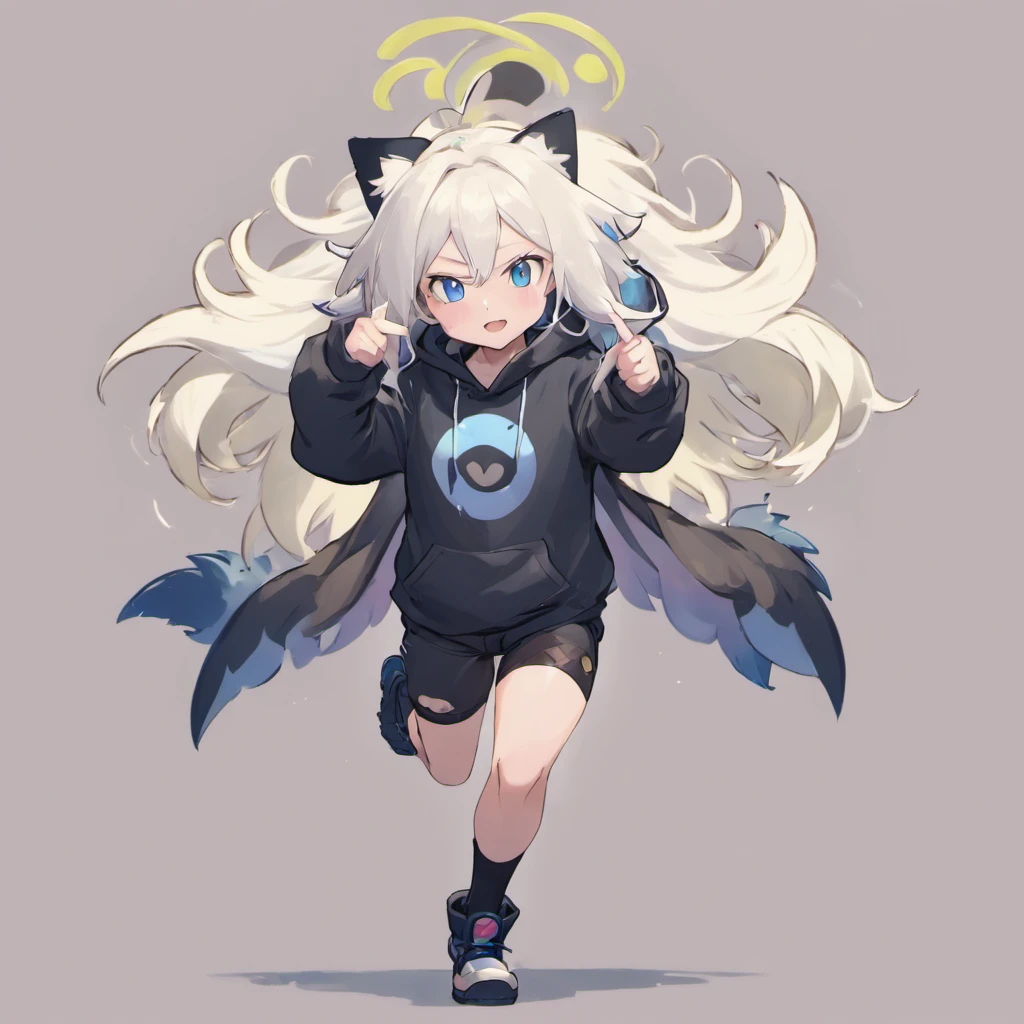 male, tall, has Long white hair, has wolf ears, has wolf tail, has blue eyes, wearing denim short shorts, thigh high fishnets, black combat boots, wearing cropped black hoodie, flat chest, super flat chest, solo femboy, only one femboy ((FLAT CHEST)) (ALONE)(SOLO) Alone, solo, wide hips, thicc thighs, male, is male, happy, portrait